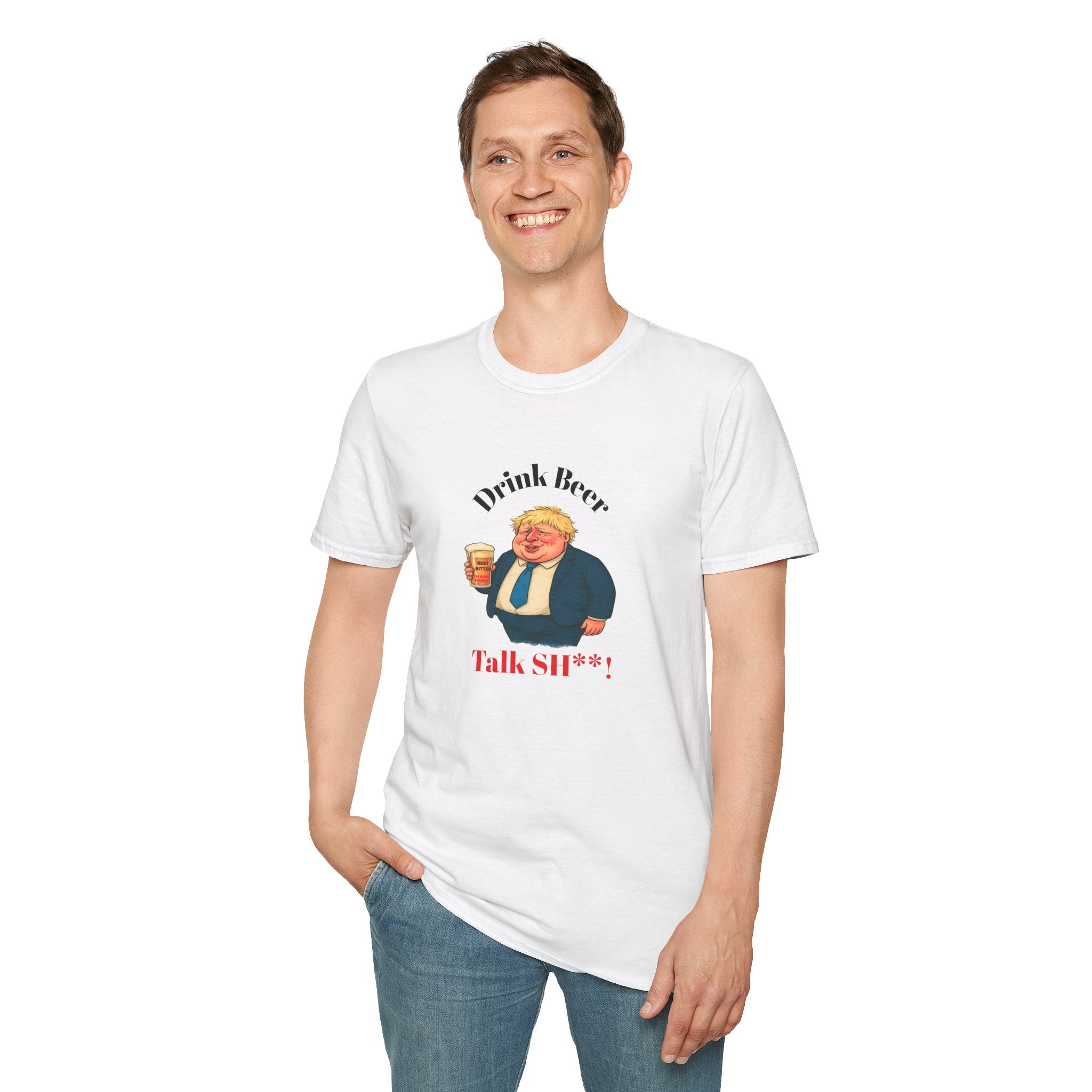 Man wearing White t-shirt with graphic of Fat Boris holding a beer and text drink beer talk sh**!  On a white background