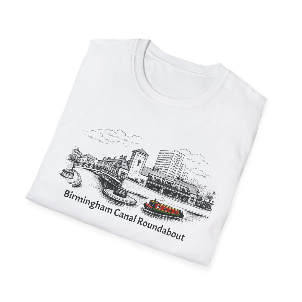 White t-shirt with black graphic design of Birmingham Canal Roundabout on a white background