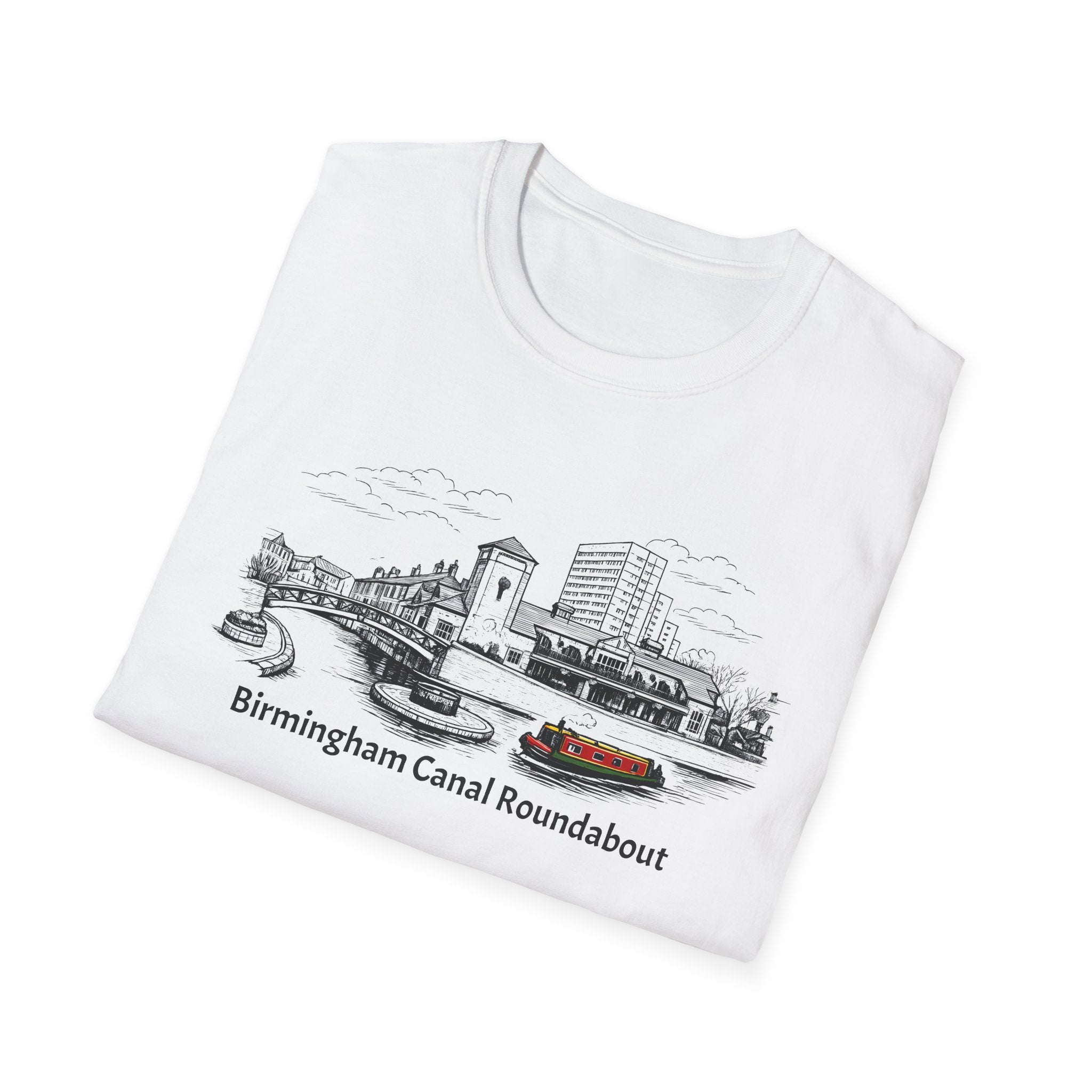 White t-shirt with black graphic design of Birmingham Canal Roundabout on a white background