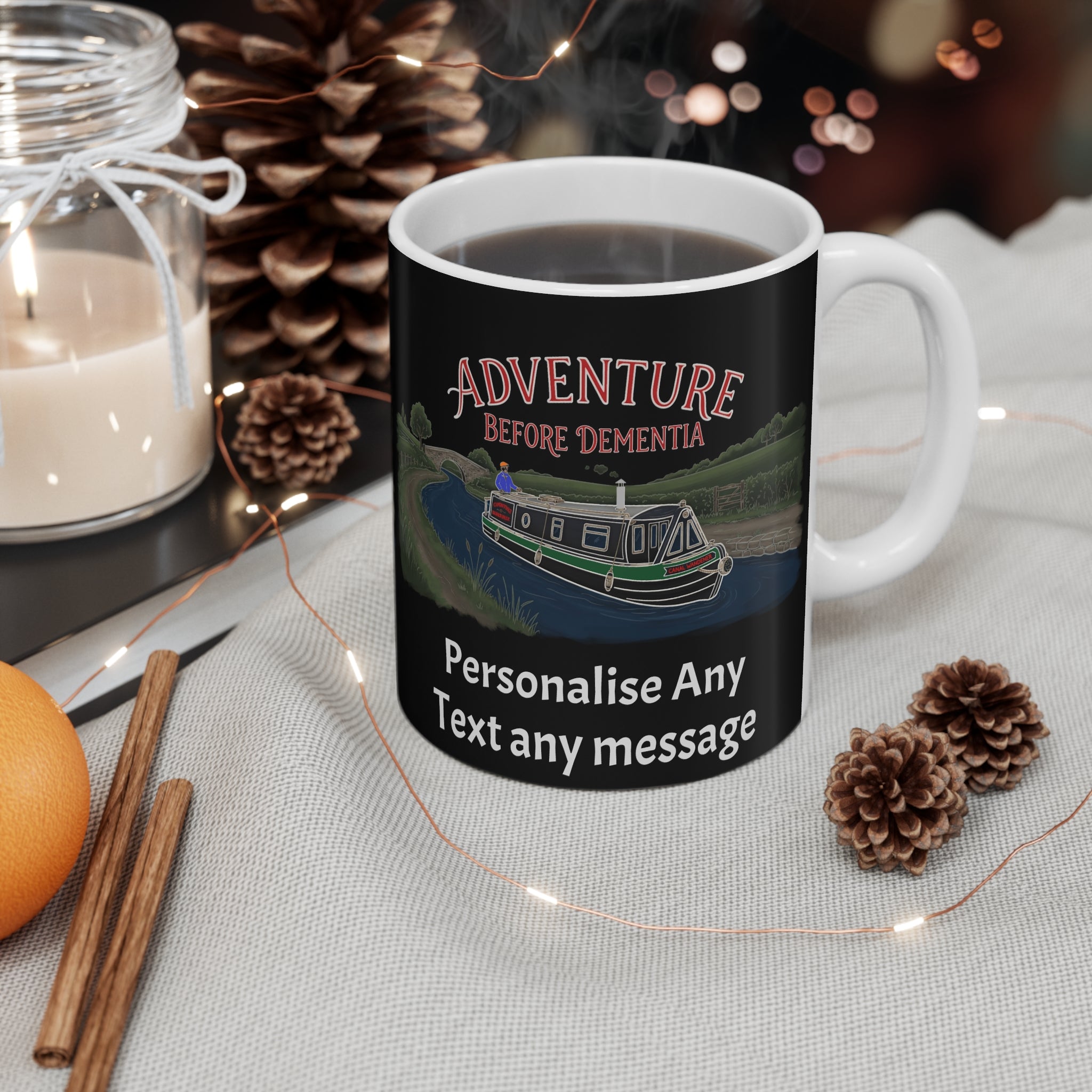Adventure Before Dementia Canal Boat Mug — Personalised 11oz White Coffee Cup fat boris