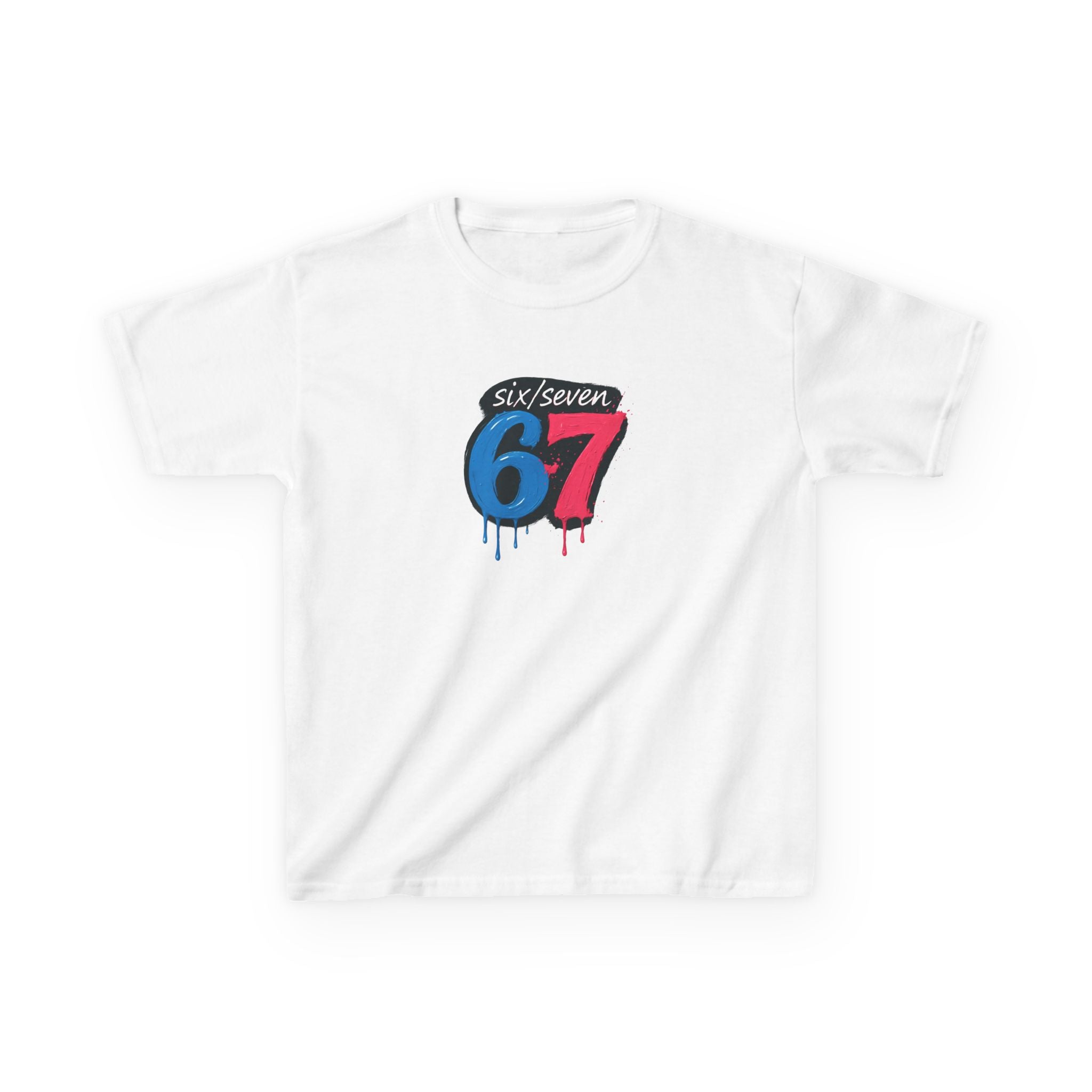 White t-shirt with a colourful logo six seven  on a white background