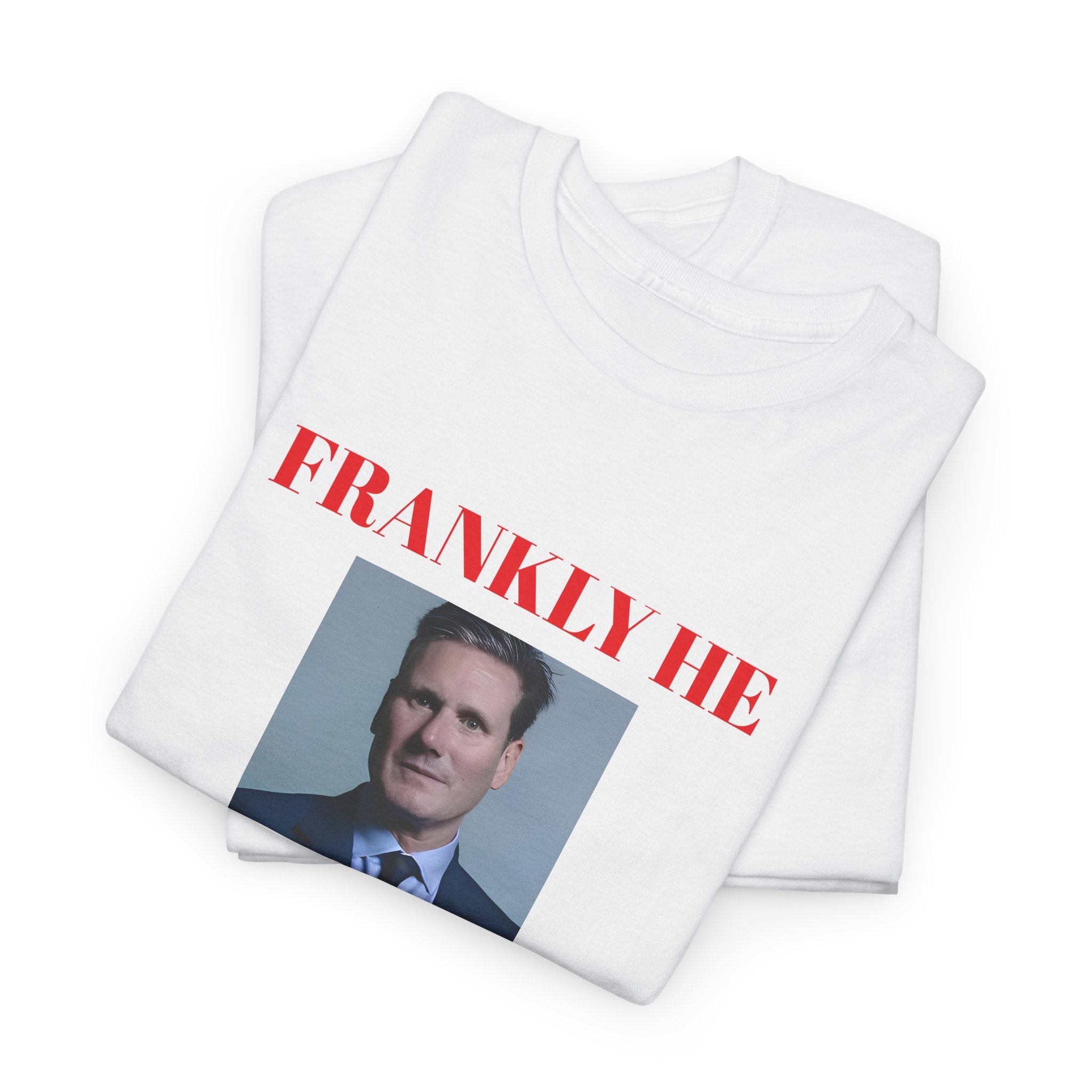 Folded white t-shirt with a graphic of a man's face and 'FRANKLY HE' text on a white background