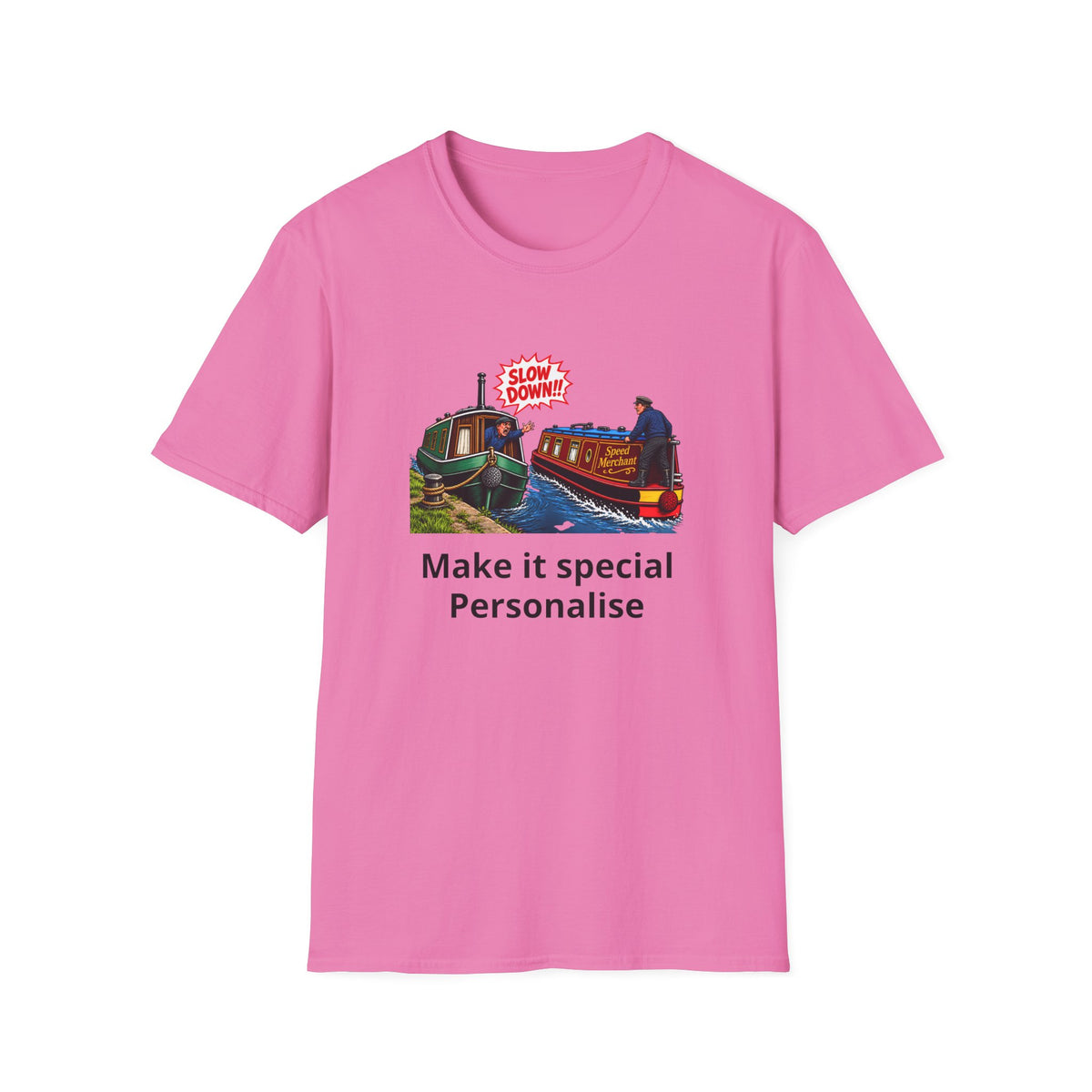 A pink short-sleeve crewneck t-shirt with a graphic of a canal boat  featuring the text 'Make it special Personalise' underneath, displayed on a clean white background.