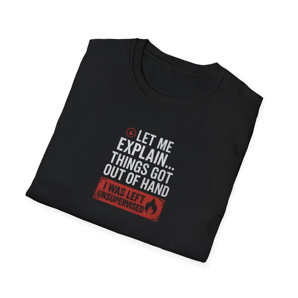 Black t-shirt with humorous text design on a white background