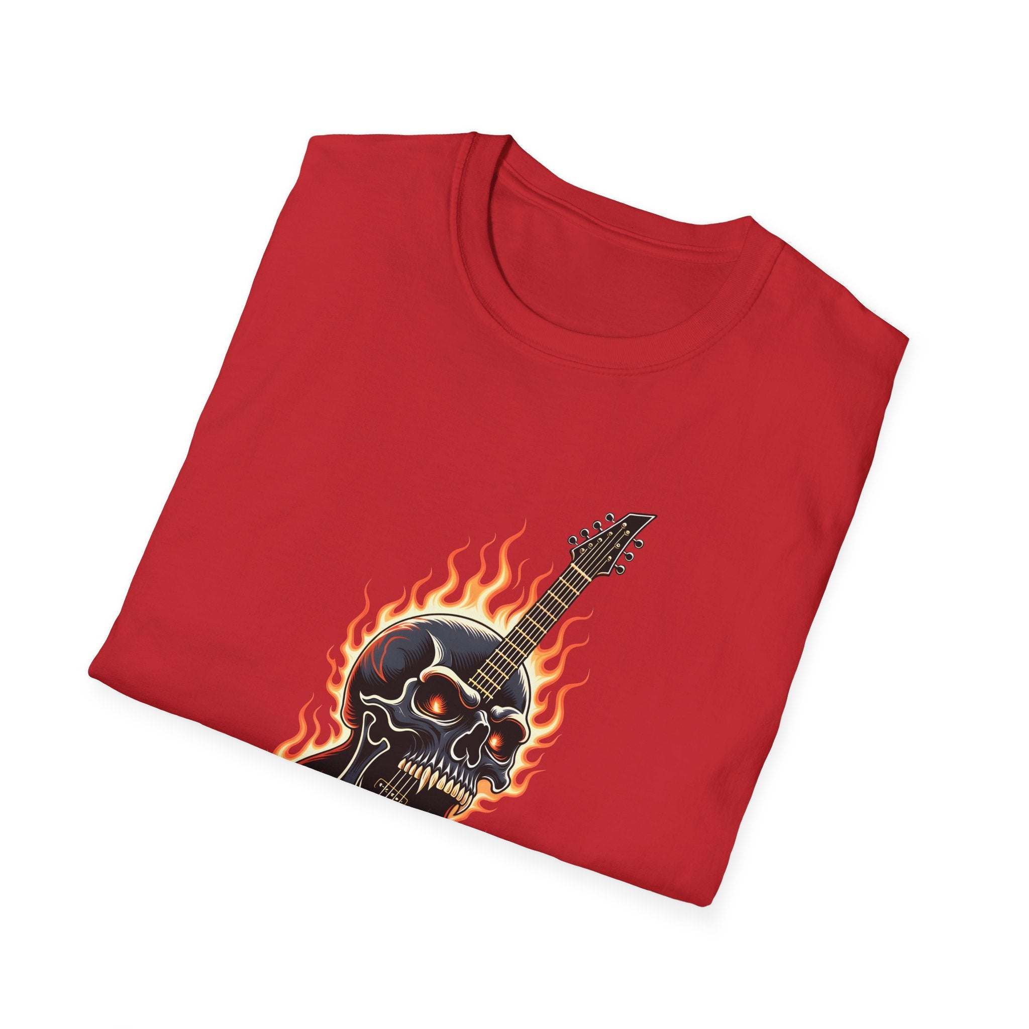 Red t-shirt with a graphic of a flaming guitar and skull on a white background