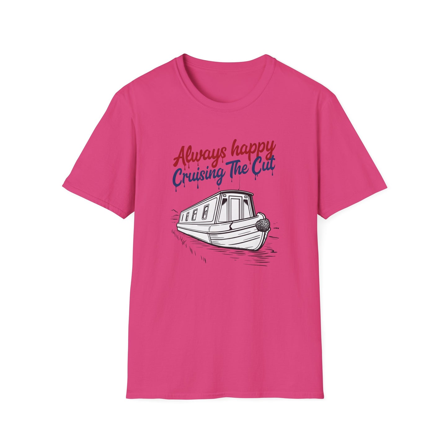 Pink t-shirt with a boat graphic and text on a white background