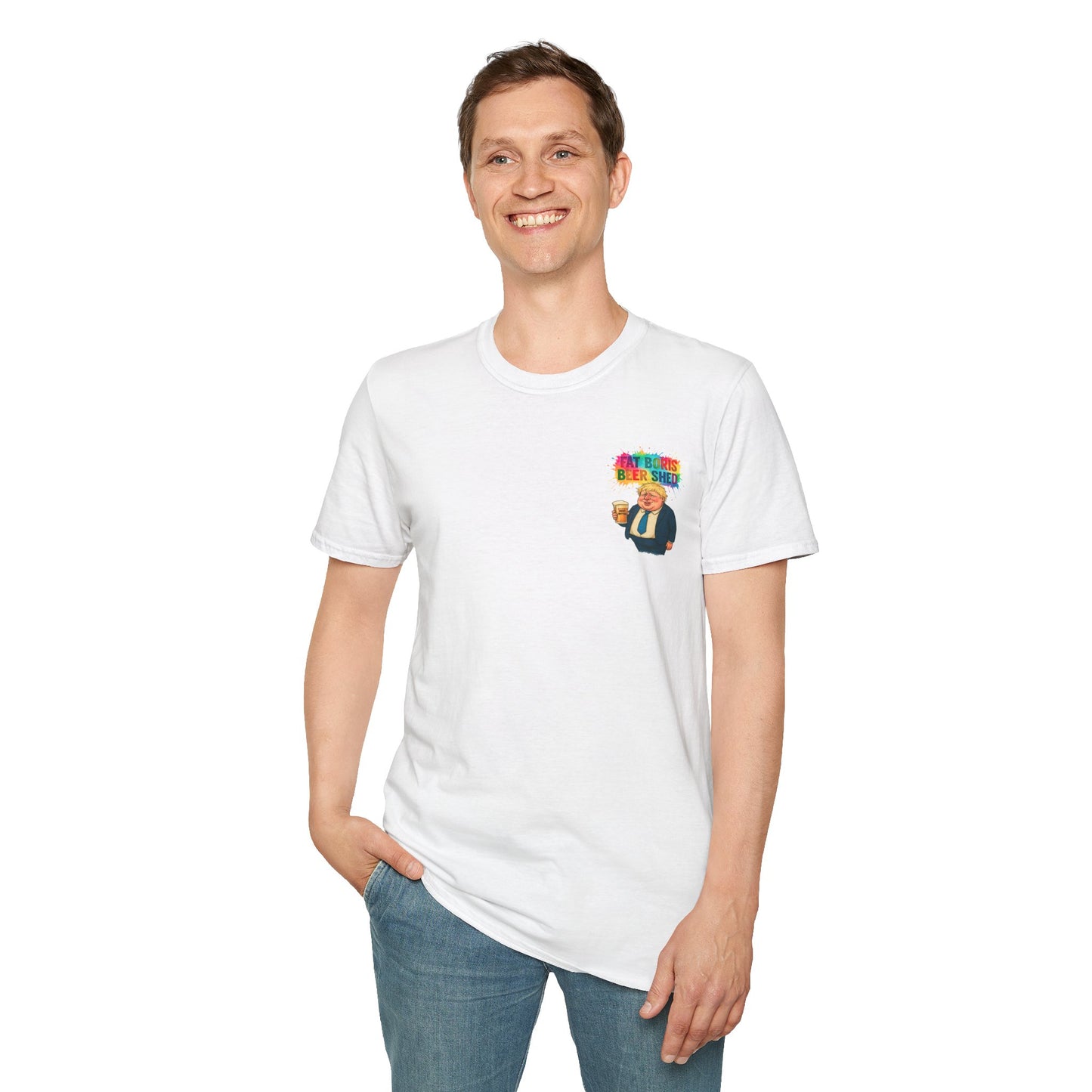 Person wearing a white t-shirt with a colourful FAT BORIS graphic on a white background