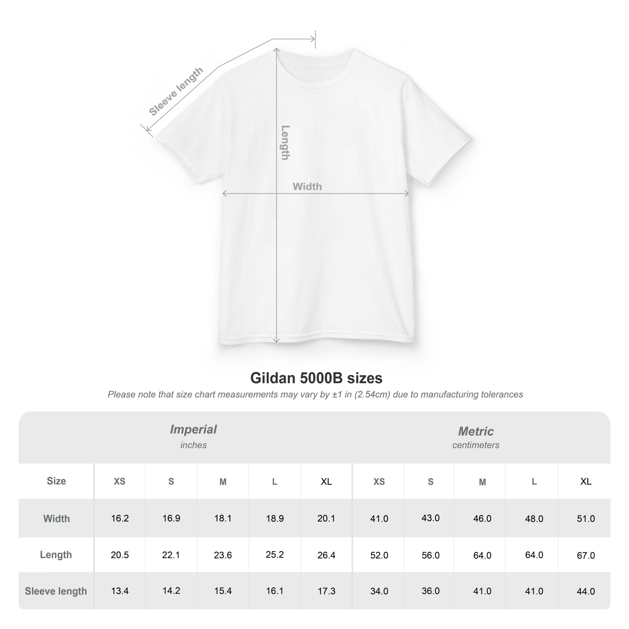 White t-shirt with measurement chart on a white background