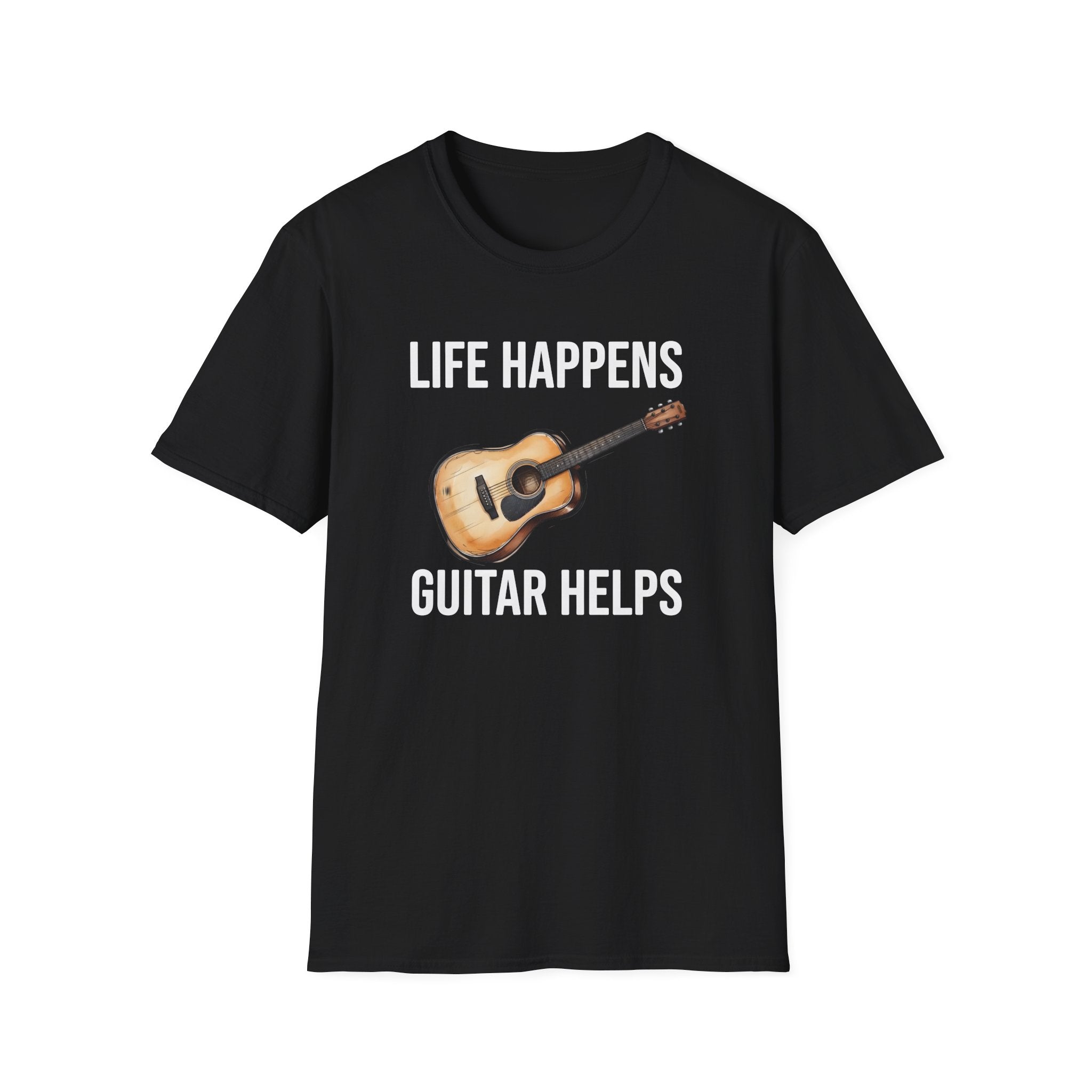 Life Happens Guitar Helps T-Shirt | Funny Acoustic Guitar Player Tee | Musician Gift 