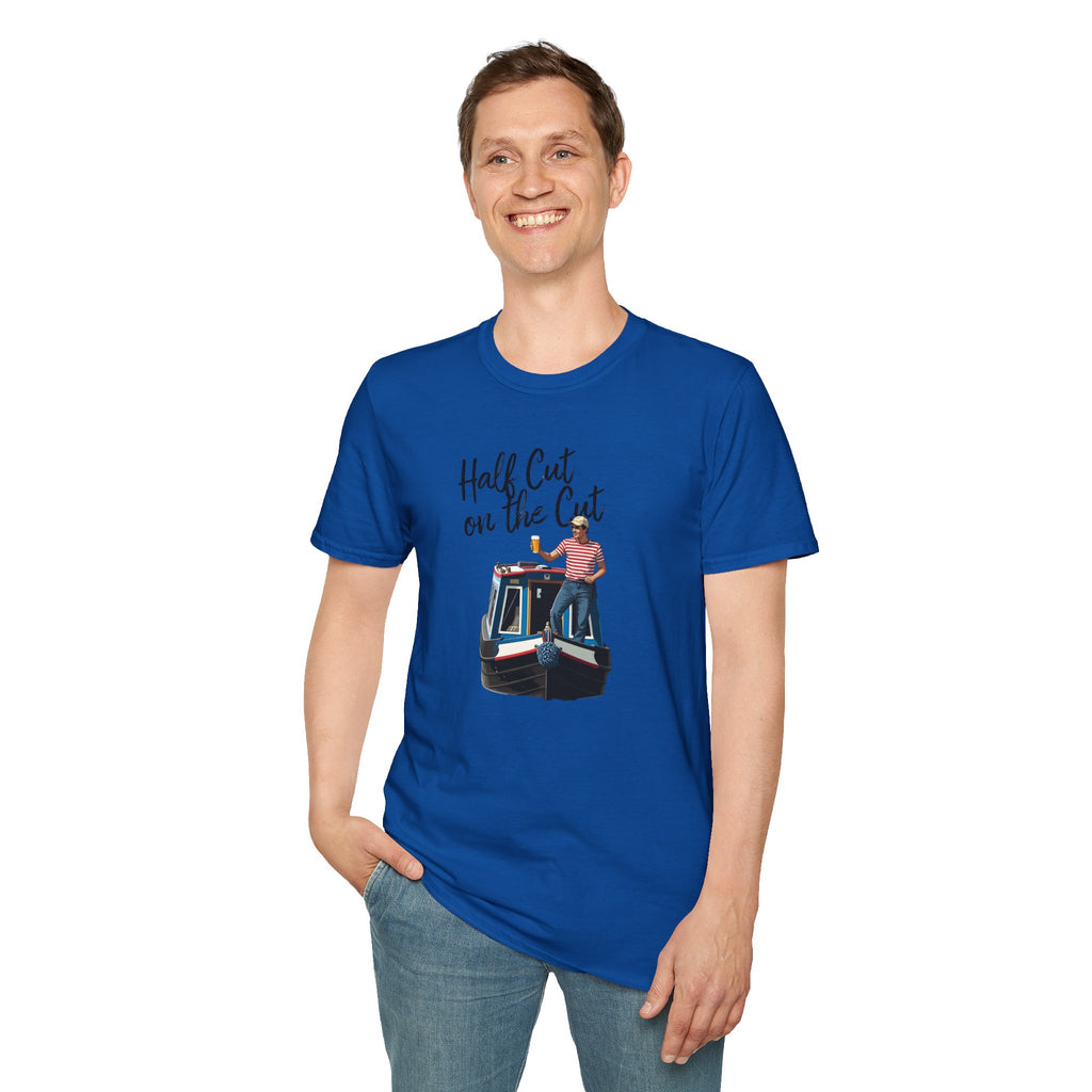 Man wearing a blue t-shirt with a graphic design on a white background