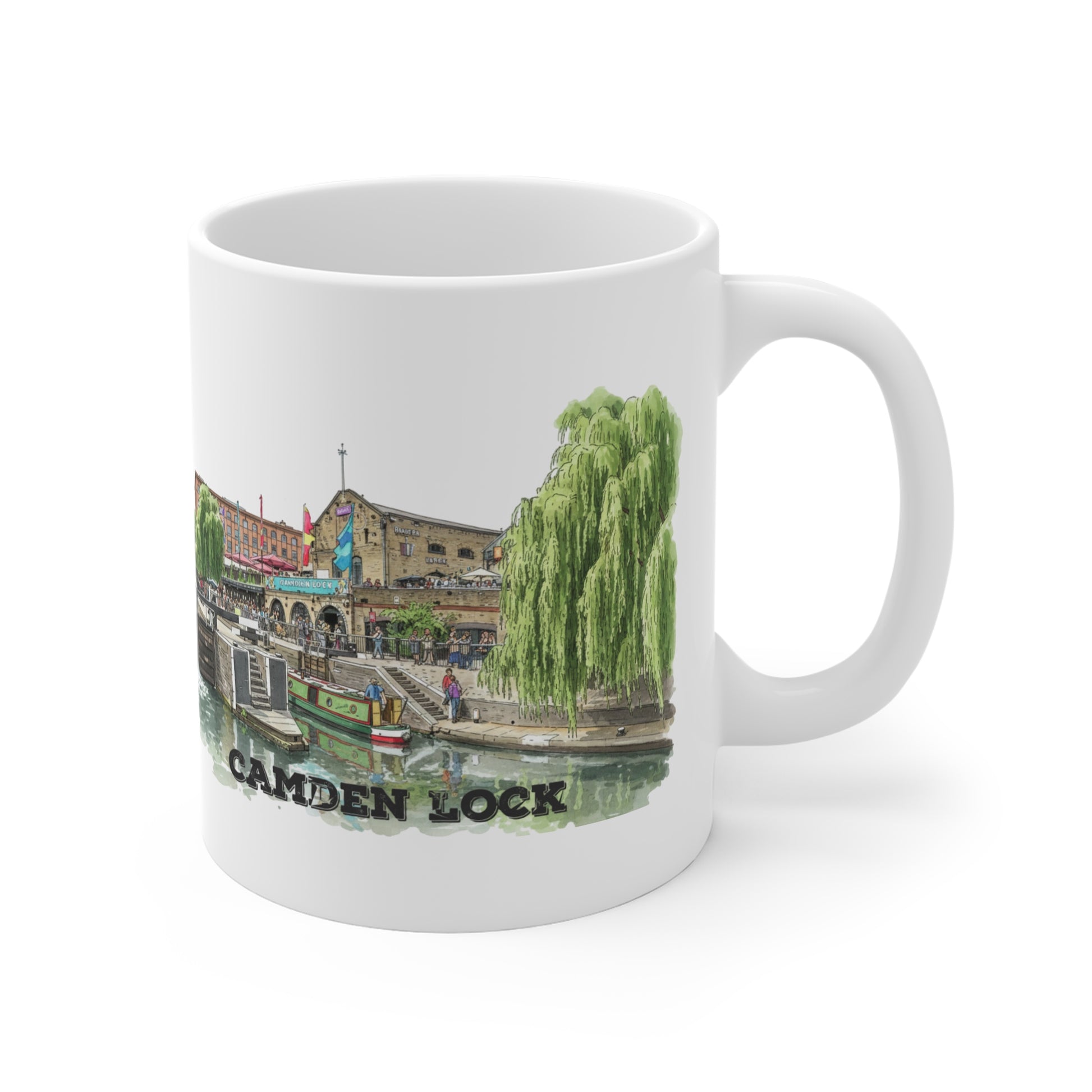 Mug with a design of Camden Lock and a weeping willow on a white background