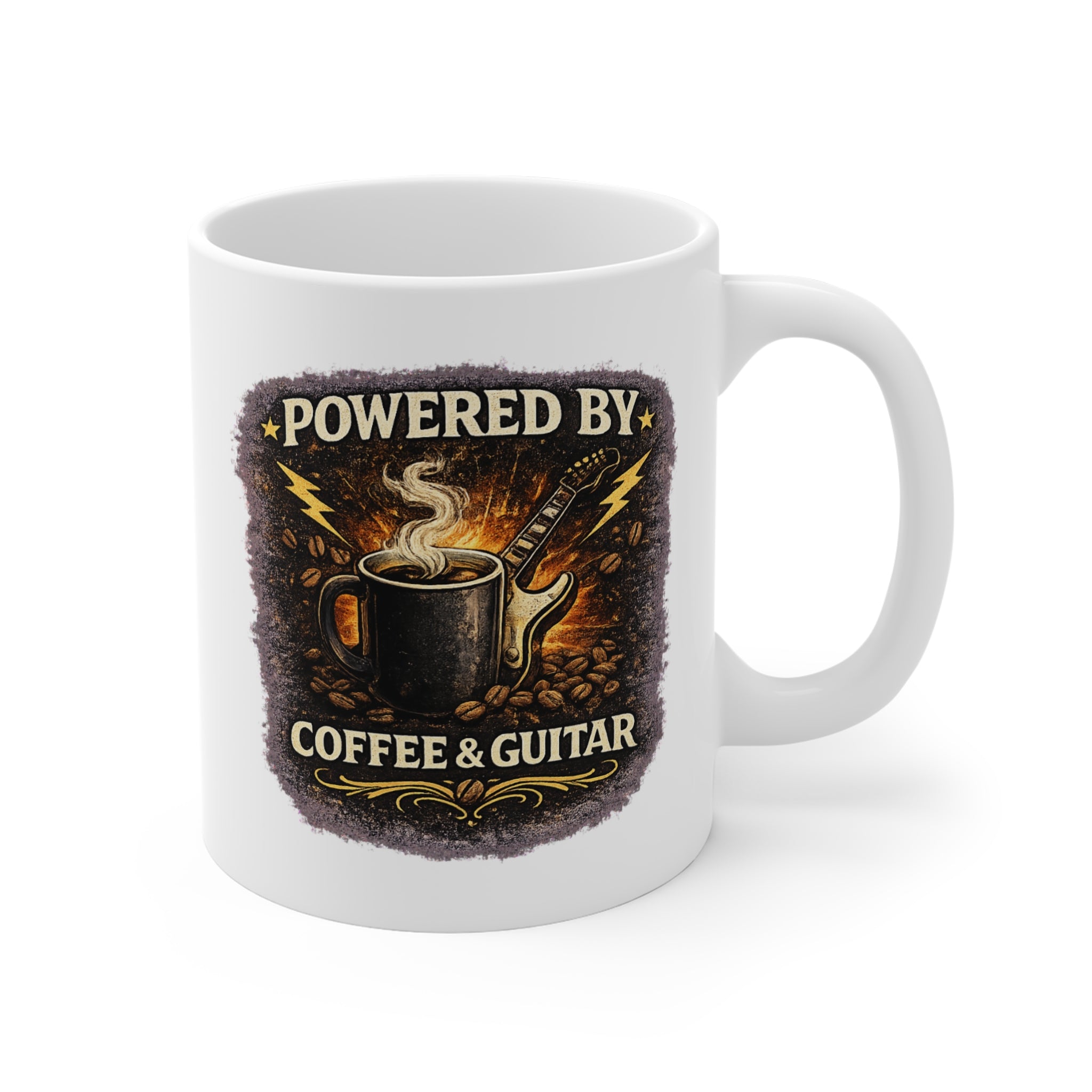Powered By Coffee & Guitar Mug | Funny Guitar Player Coffee Mug | Musician Gift | Fat Boris Printify