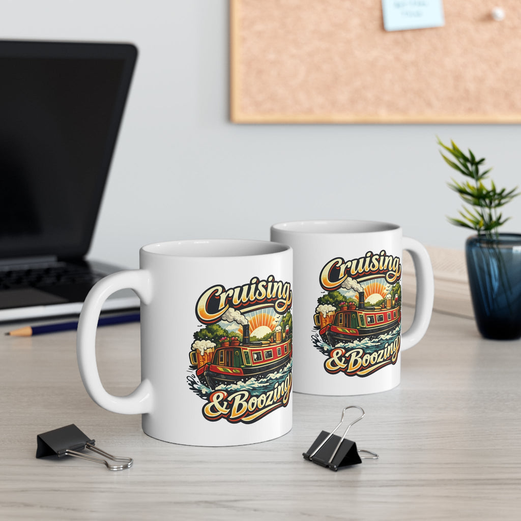 Cruising & Boozing Mug — Retro Canal Boat Beer Travel Coffee Cup Printify