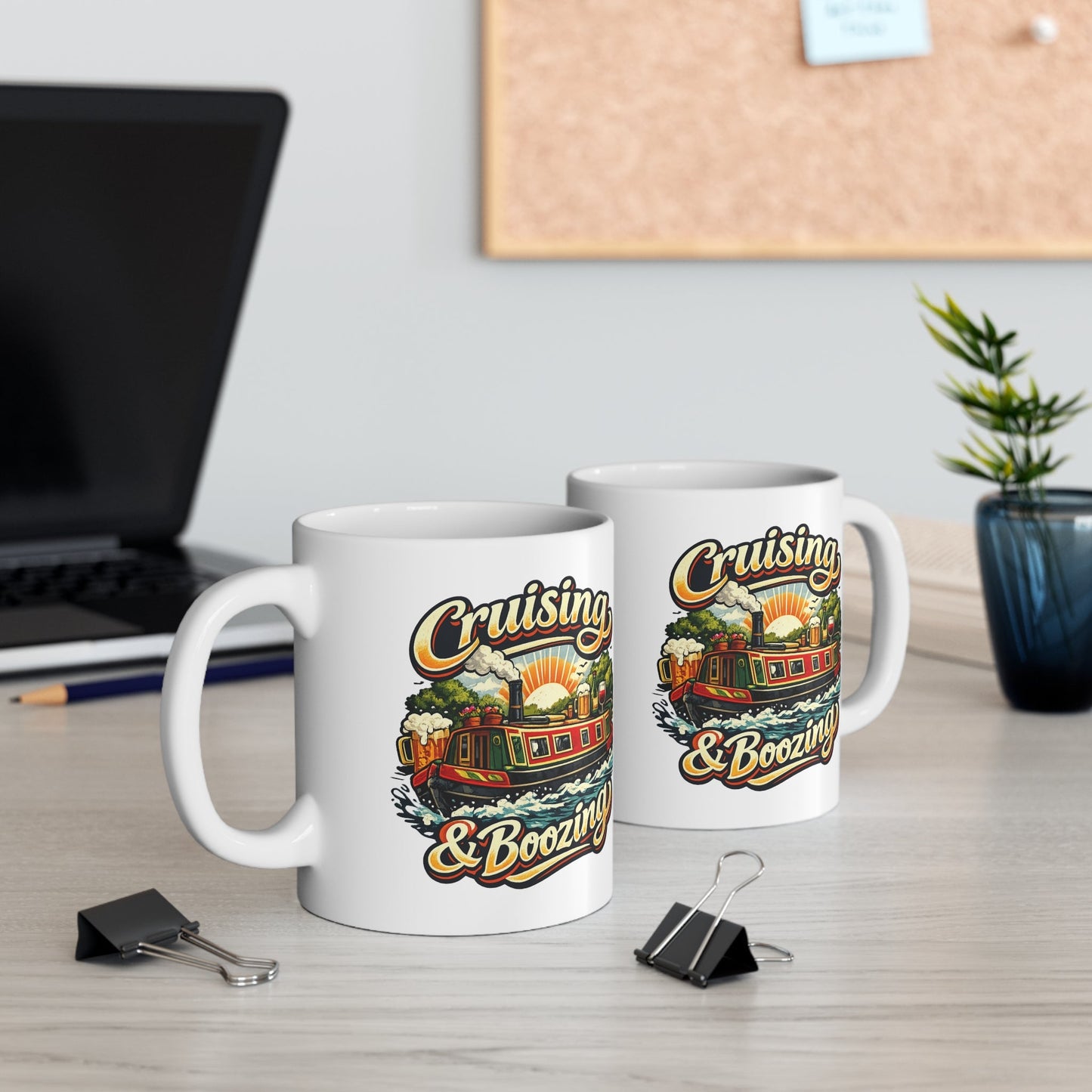 Cruising & Boozing Mug — Retro Canal Boat Beer Travel Coffee Cup Printify
