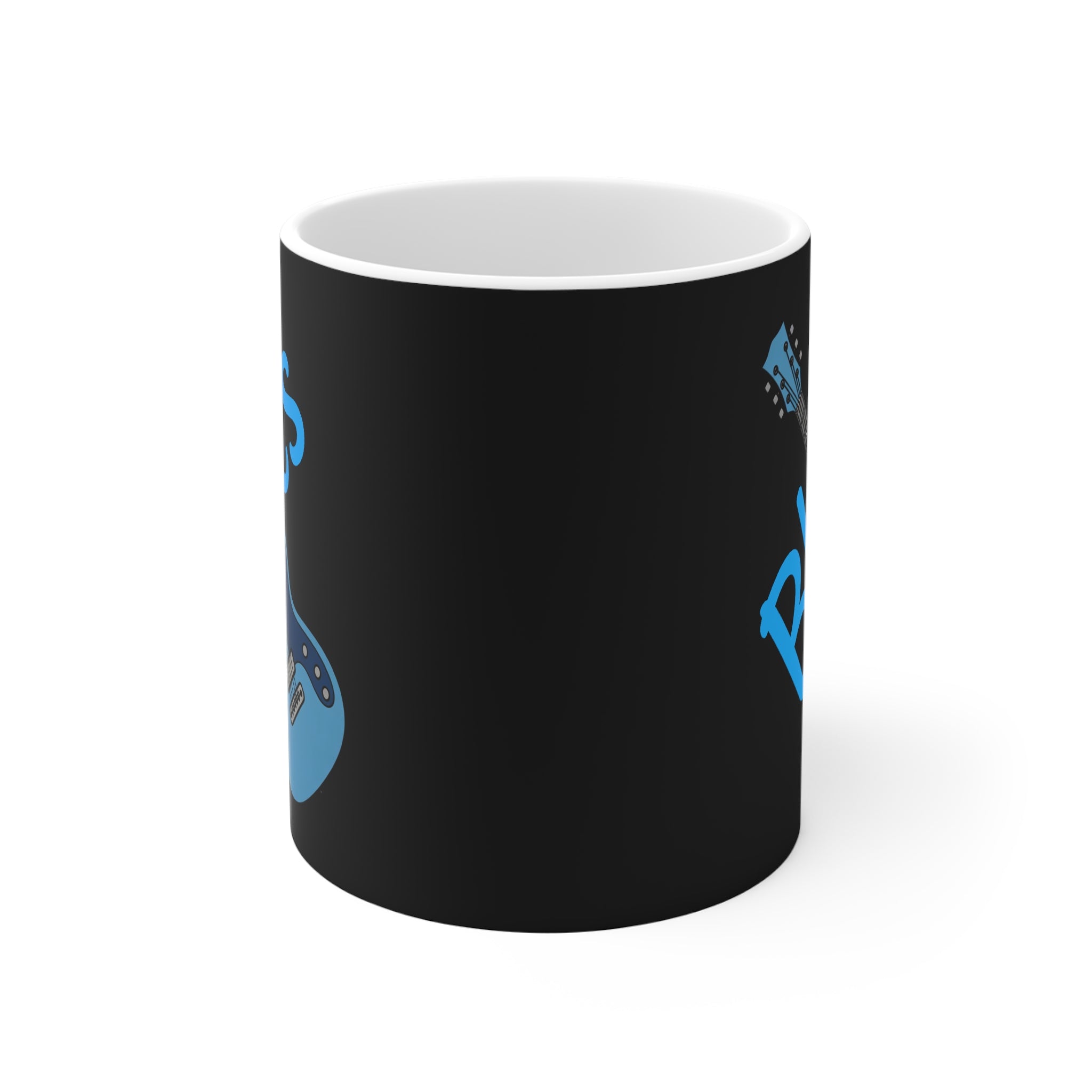 Black mug with blue text and symbols on a white background