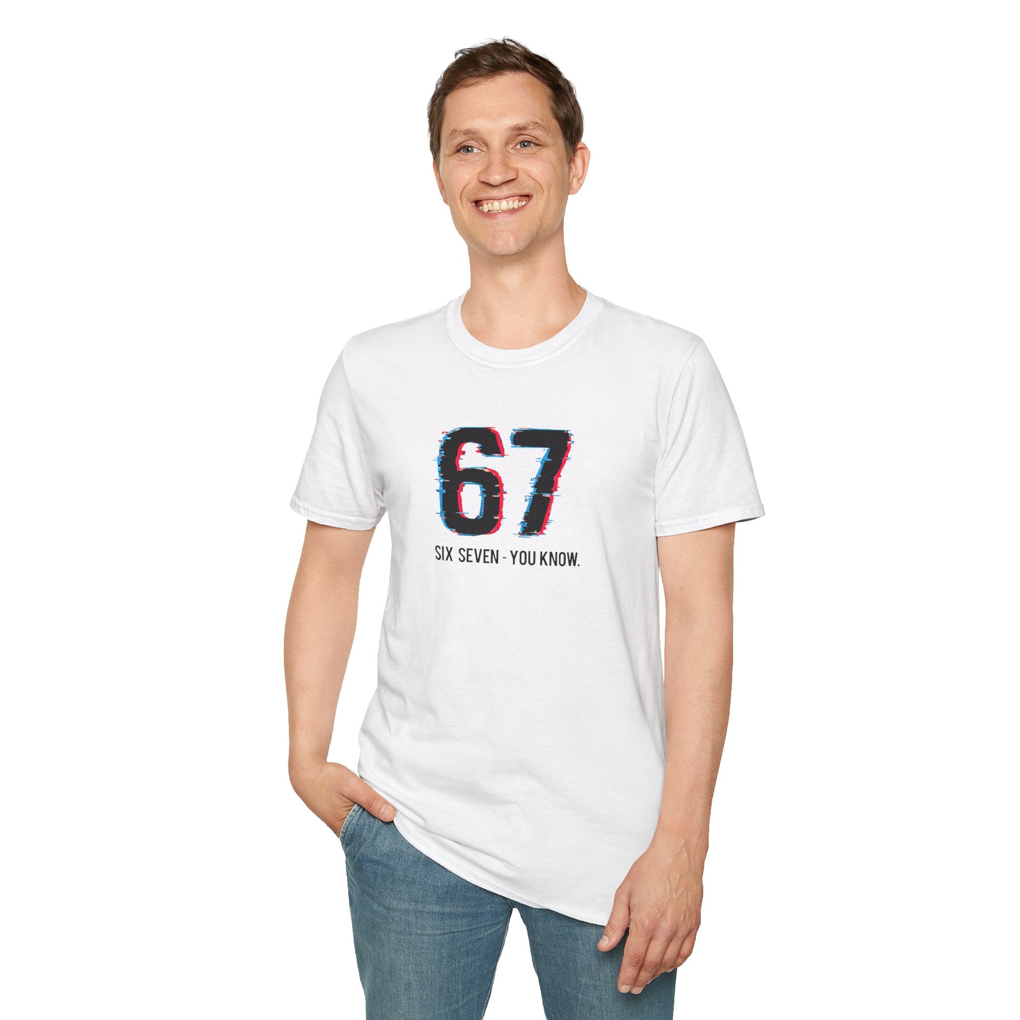 man wearing Glitch 6 7 Unisex Soft style white T-Shirt | Six Seven You Know Meme Tee | Viral Streetwear Graphic 
