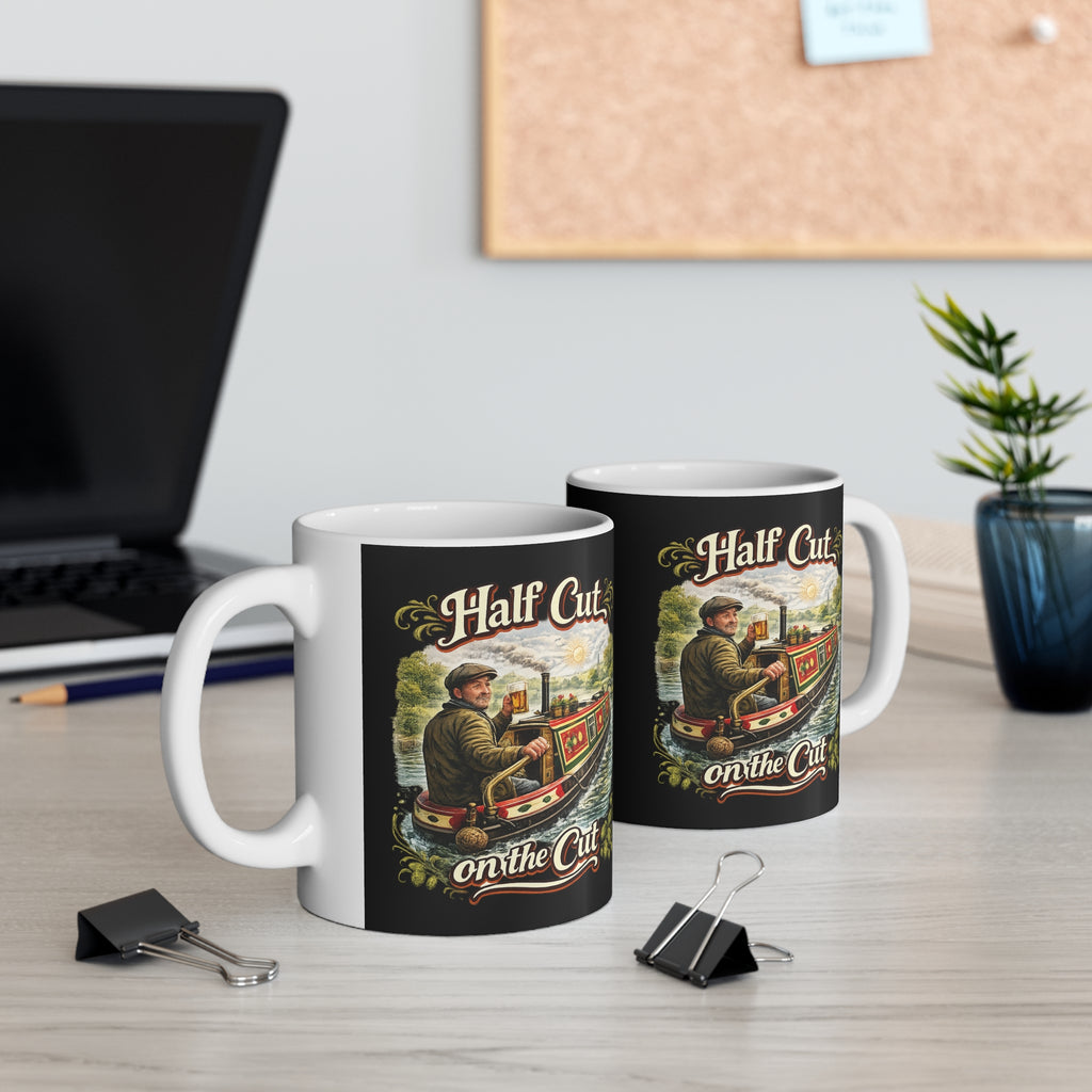 Two mugs with 'Half Cut on the Cun' design on a desk with office items.