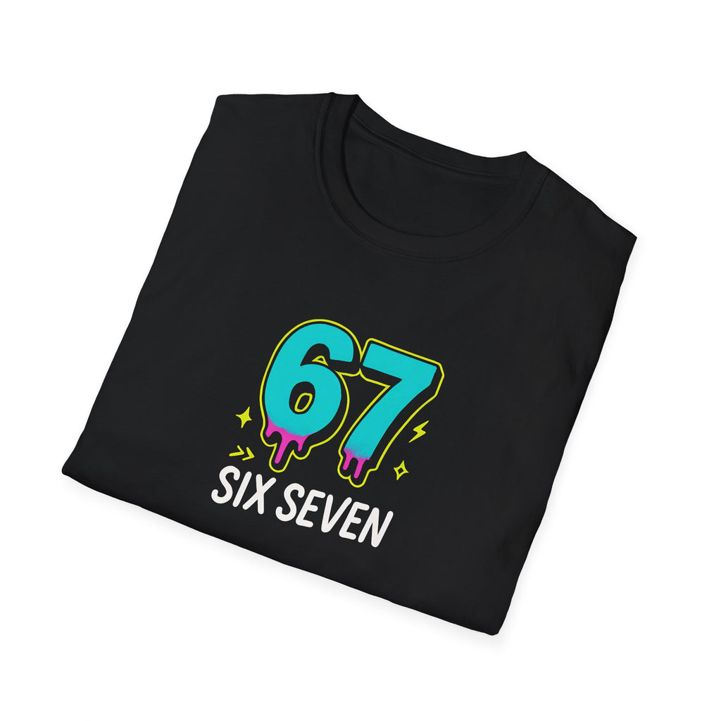 Folded Black t-shirt with colourful '67 Six Seven' design on a white background