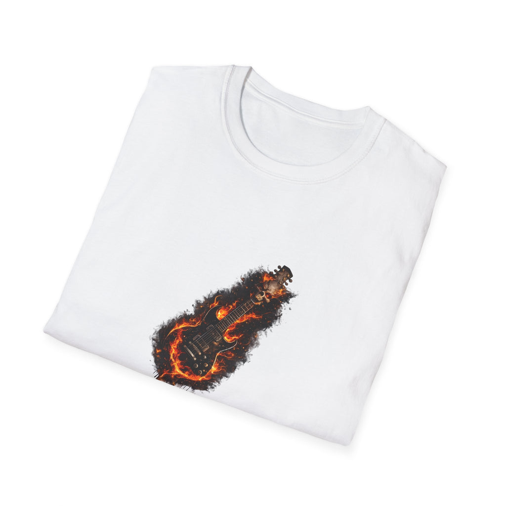 Flaming skull guitar heavy metal design with fire flames wrapping around electric guitar body