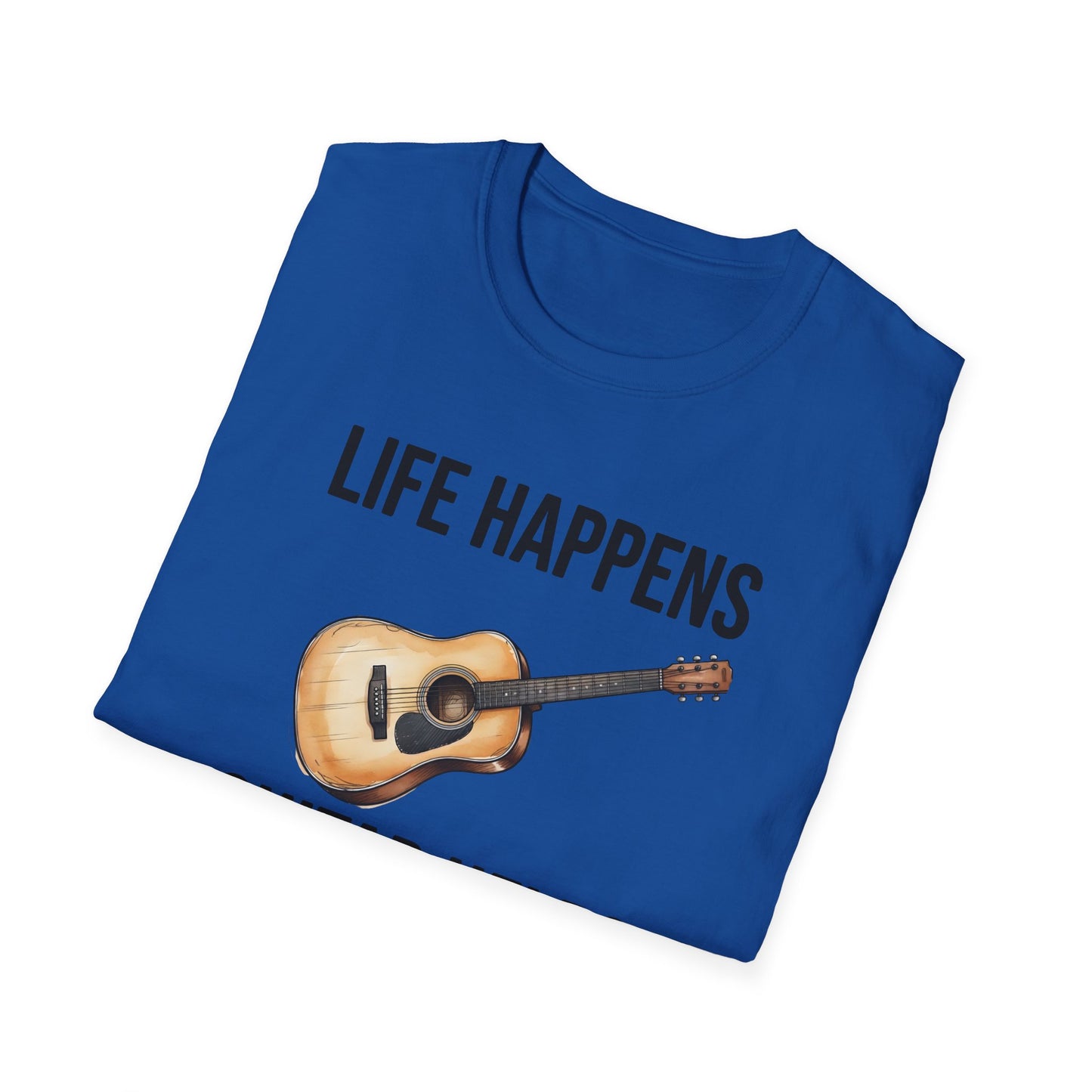 Life Happens Guitar Helps T-Shirt | Funny Acoustic Guitar Player Tee | Musician Gift Printify