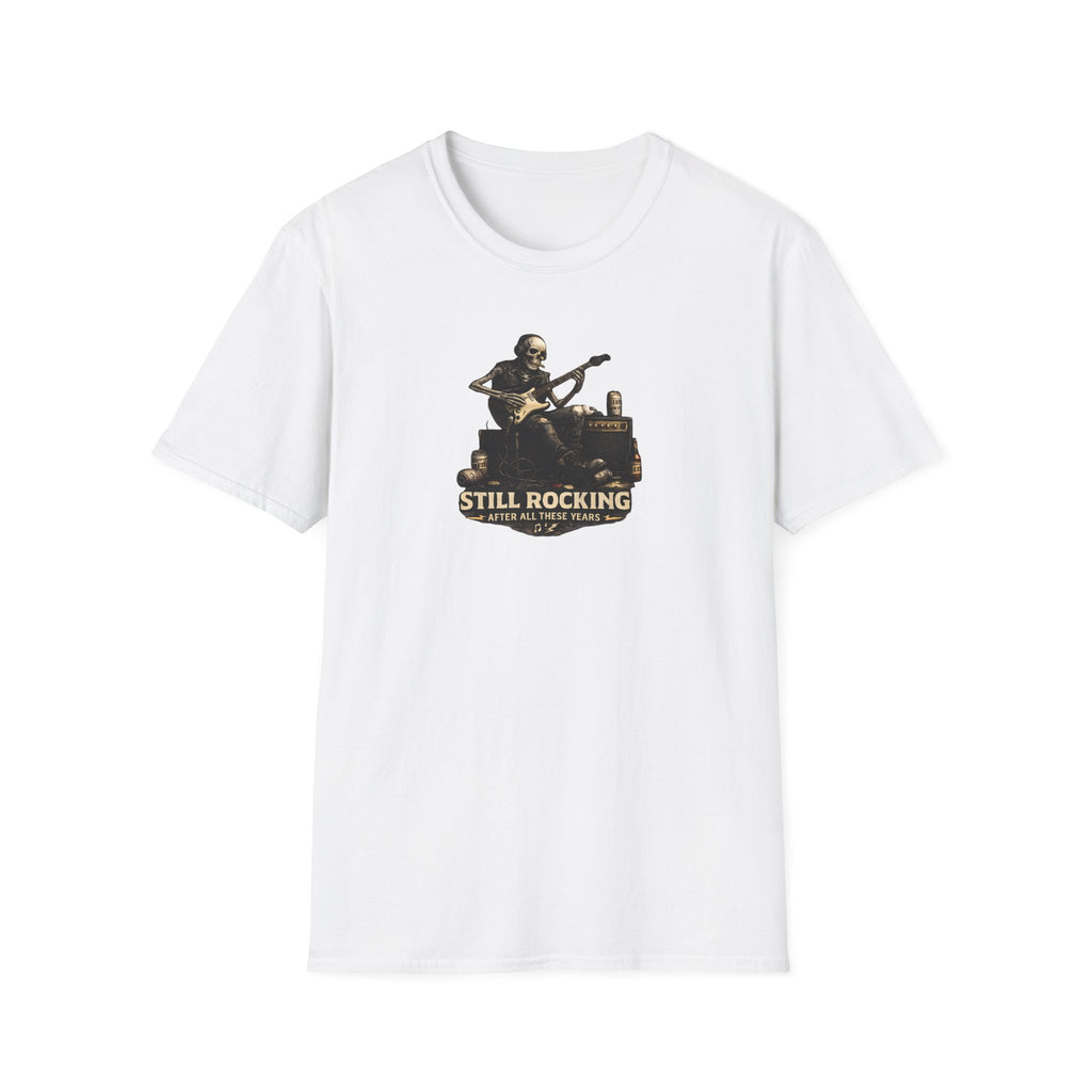 White t-shirt with a graphic of a person playing guitar and text 'Still Rocking' on a white background