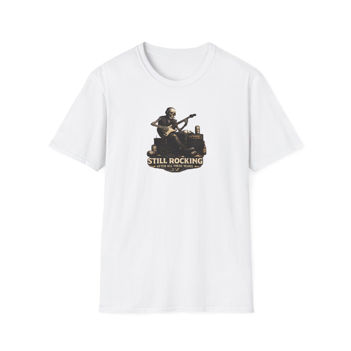 White t-shirt with a graphic of a person playing guitar and text 'Still Rocking' on a white background