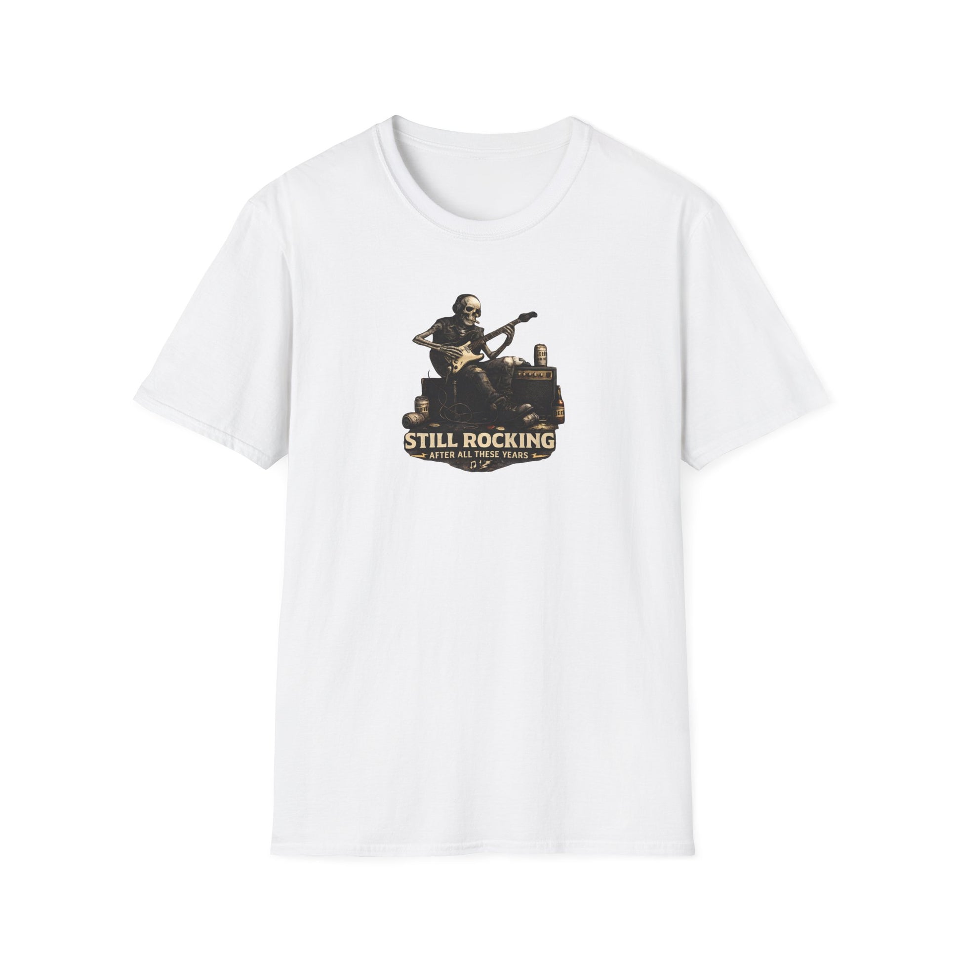 White t-shirt with a graphic of a person playing guitar and text 'Still Rocking' on a white background