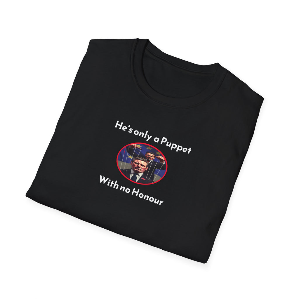 Black t-shirt with graphic and text on a white background