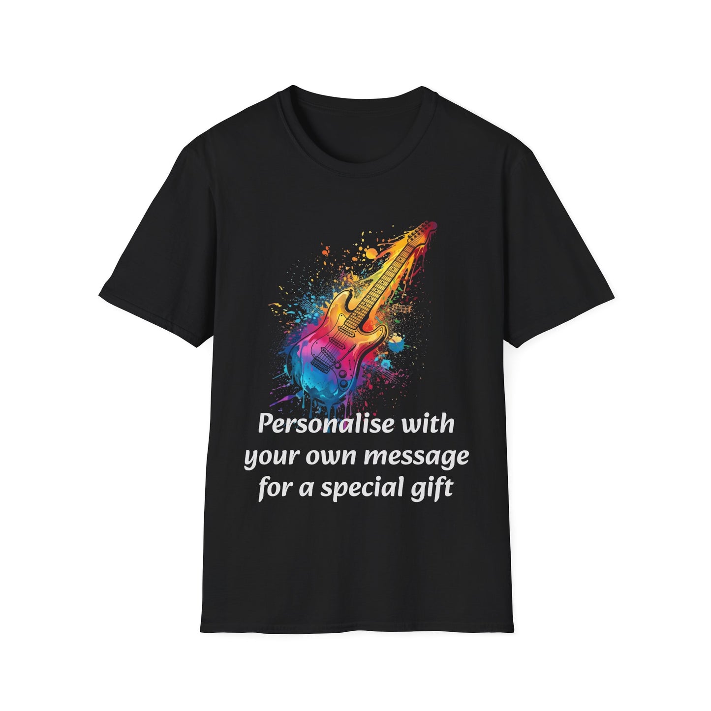 Personalised Colourful  Guitar  DESIGN BLACK T-Shirt — Custom Message Music Tee 