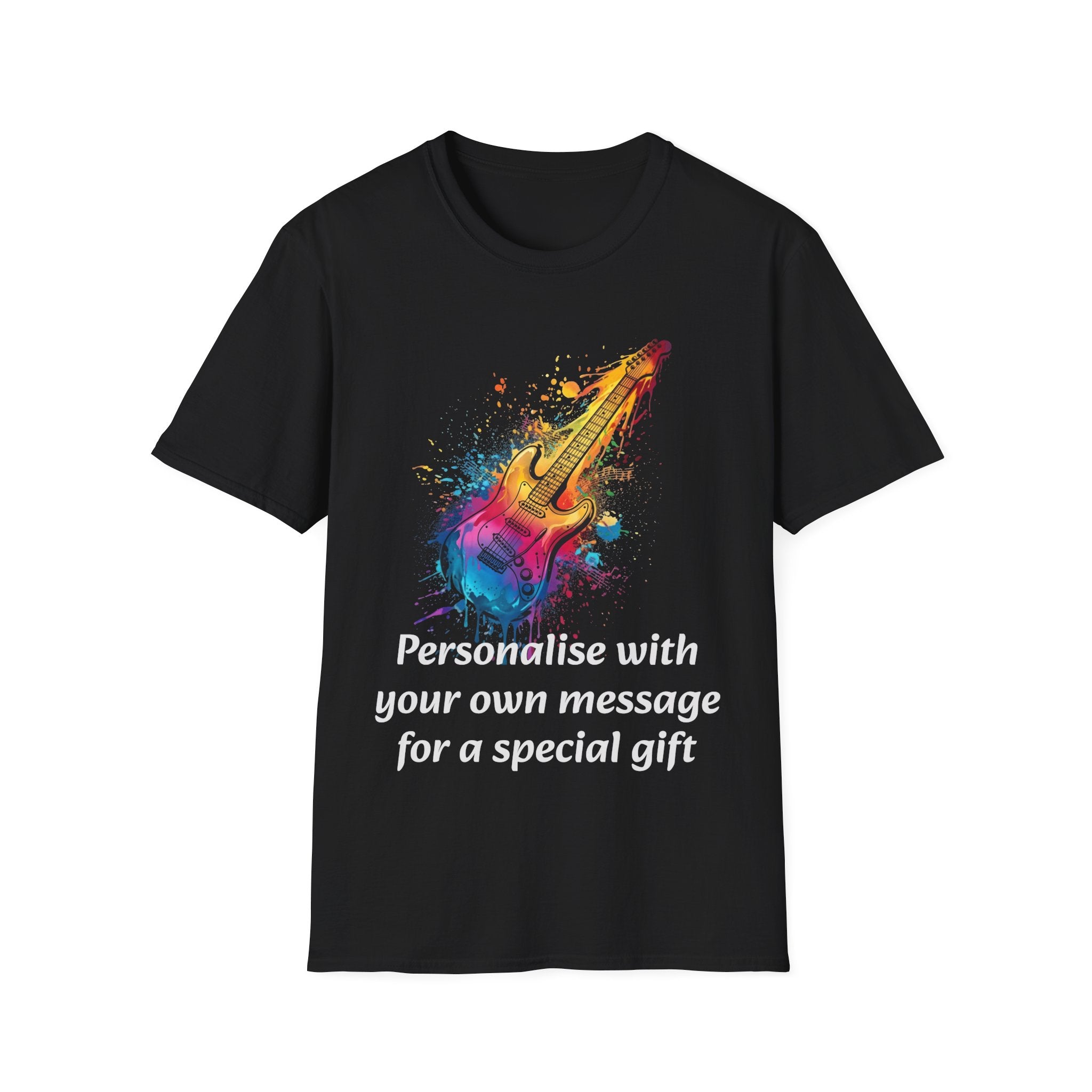 Personalised Colourful  Guitar  DESIGN BLACK T-Shirt — Custom Message Music Tee 