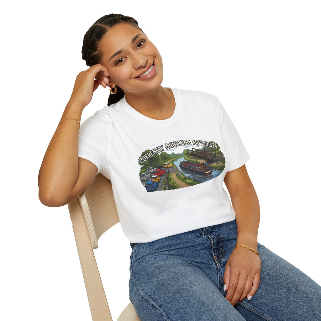 Canal Narrowboat Swing Bridge Print – “Currently Annoying Motorists” Humorous Boat T Shirt 