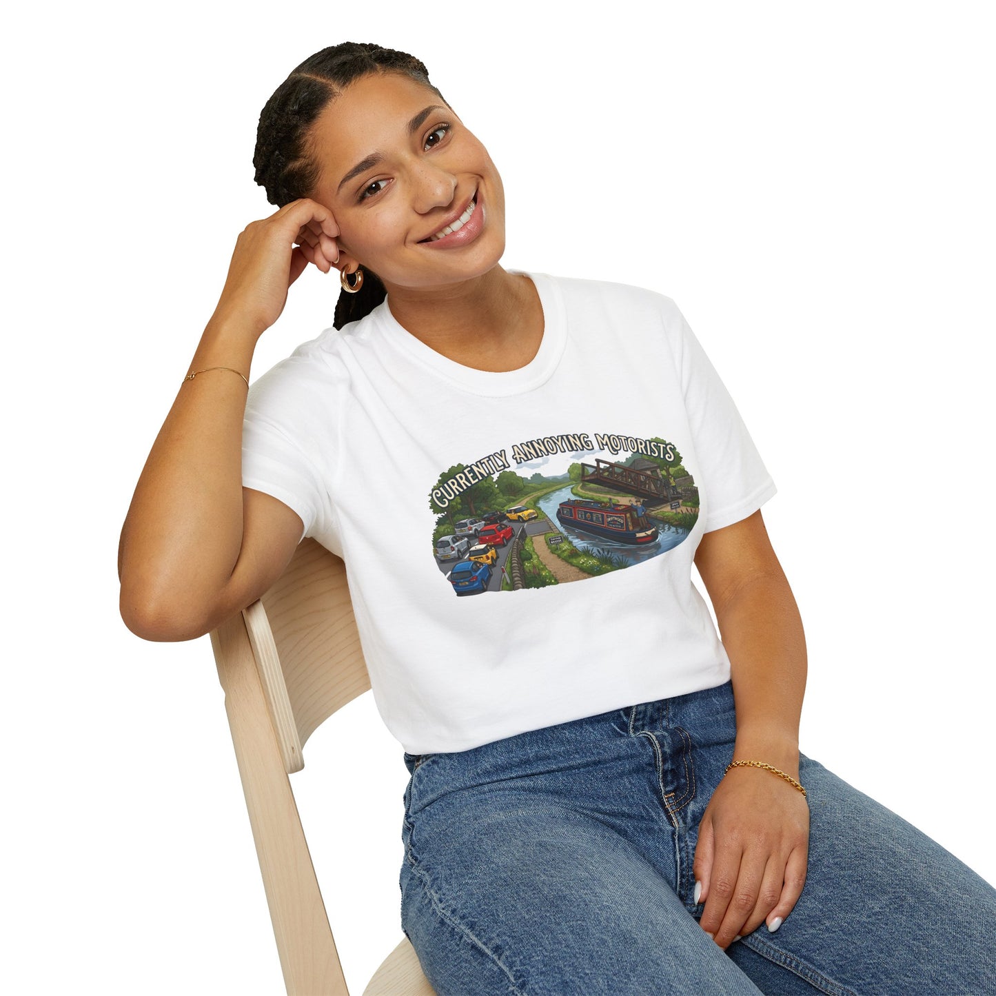 Canal Narrowboat Swing Bridge Print – “Currently Annoying Motorists” Humorous Boat T Shirt 