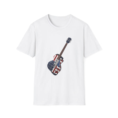 White t-shirt with a graphic of an American flag guitar on a white background
