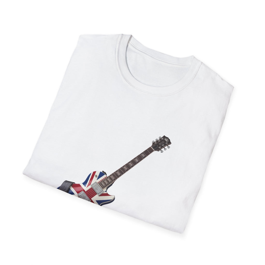 White t-shirt with a graphic of a guitar featuring the Union Jack design on a white background