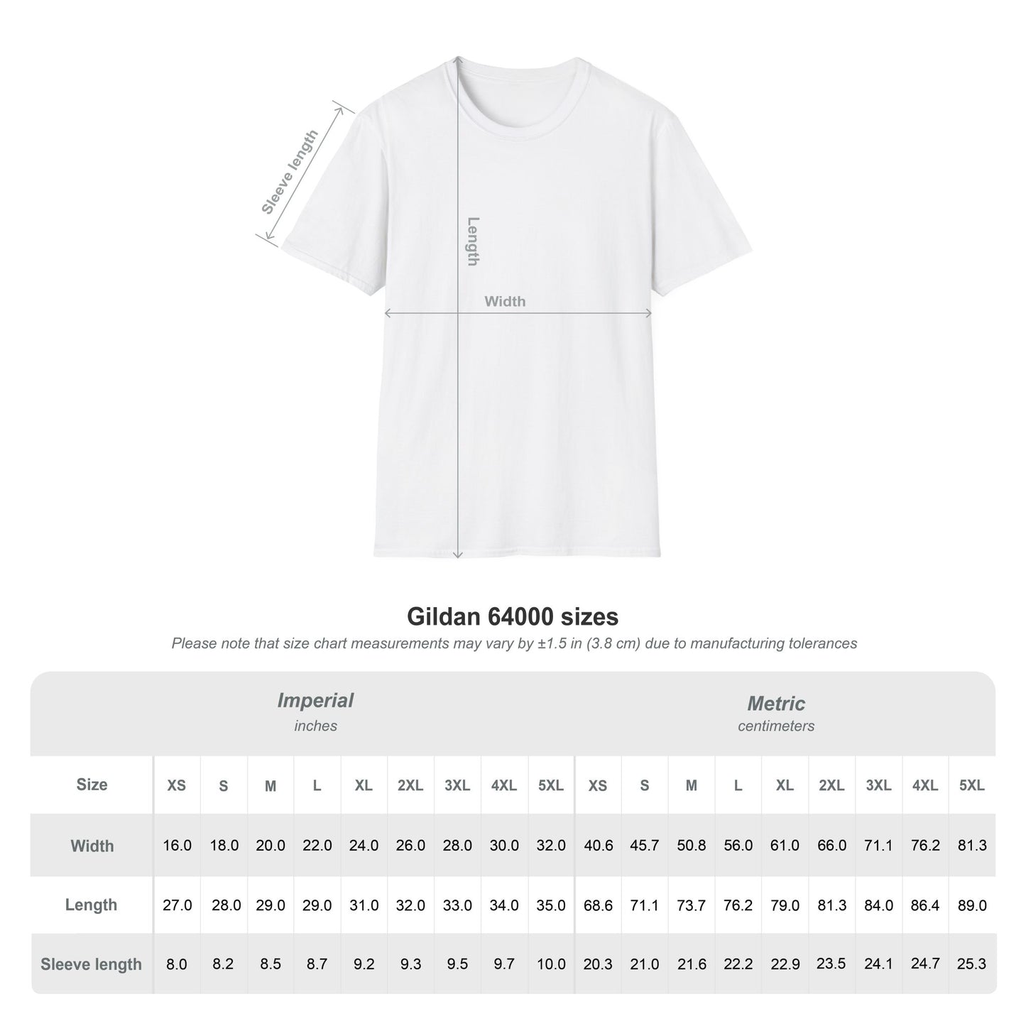White t-shirt with size chart measurements on a white background