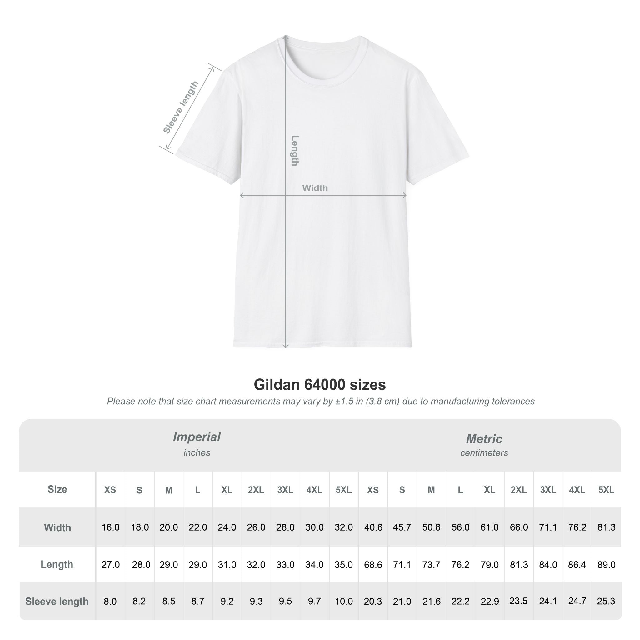 White t-shirt with size chart measurements on a white background