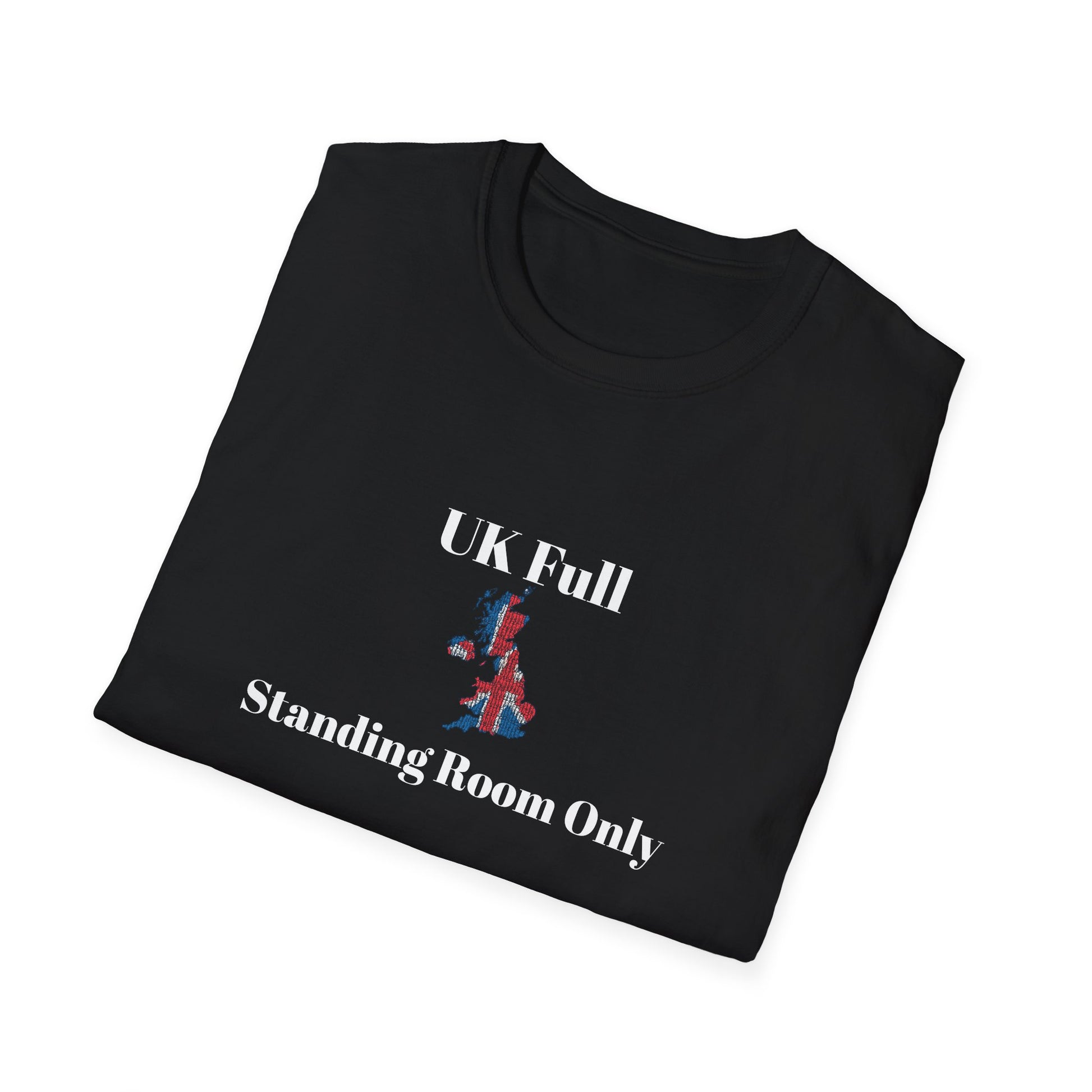 Folded White t shirt with a bold UK outline packed tight in Union Jack colours, text reads UK full, standing room only
