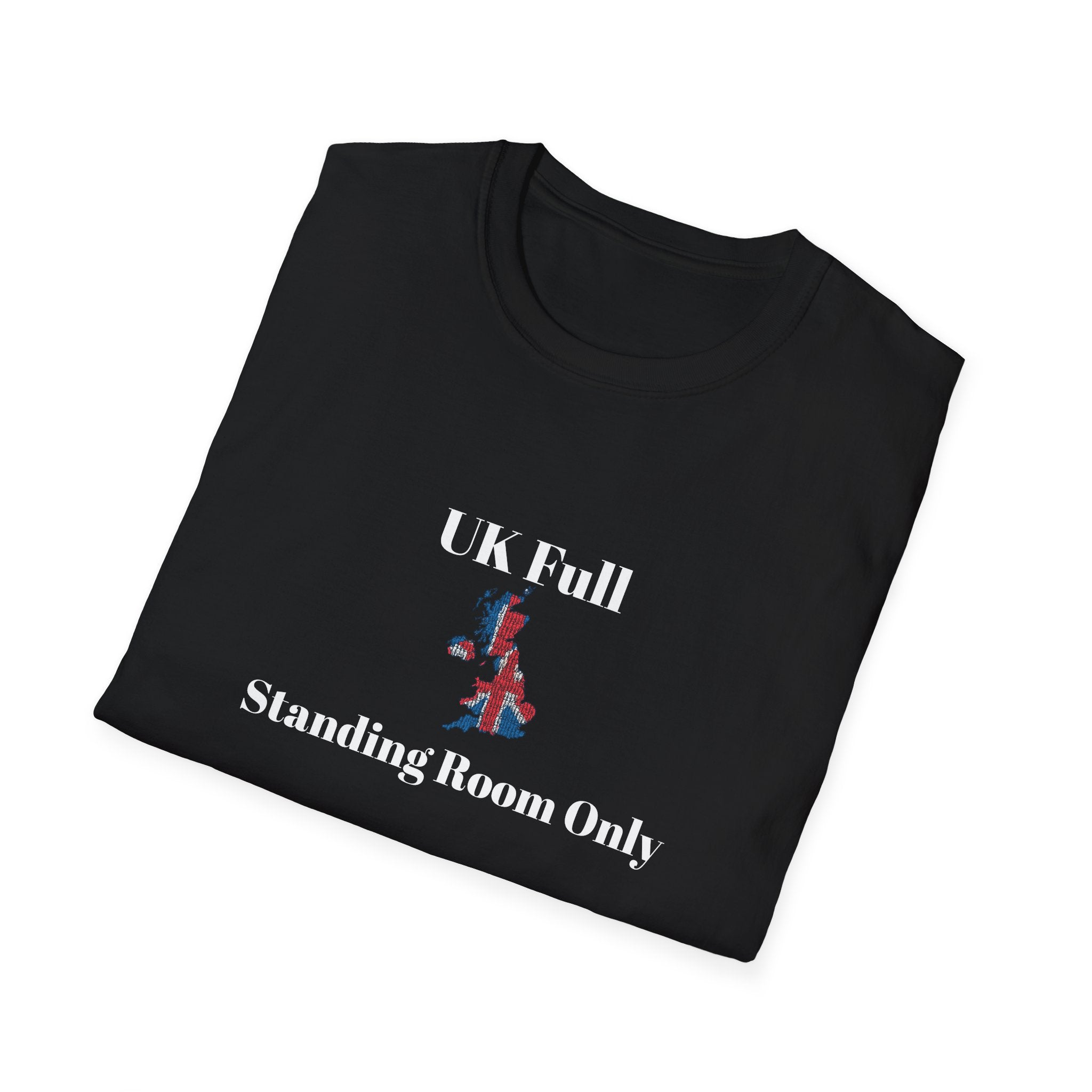 Folded White t shirt with a bold UK outline packed tight in Union Jack colours, text reads UK full, standing room only