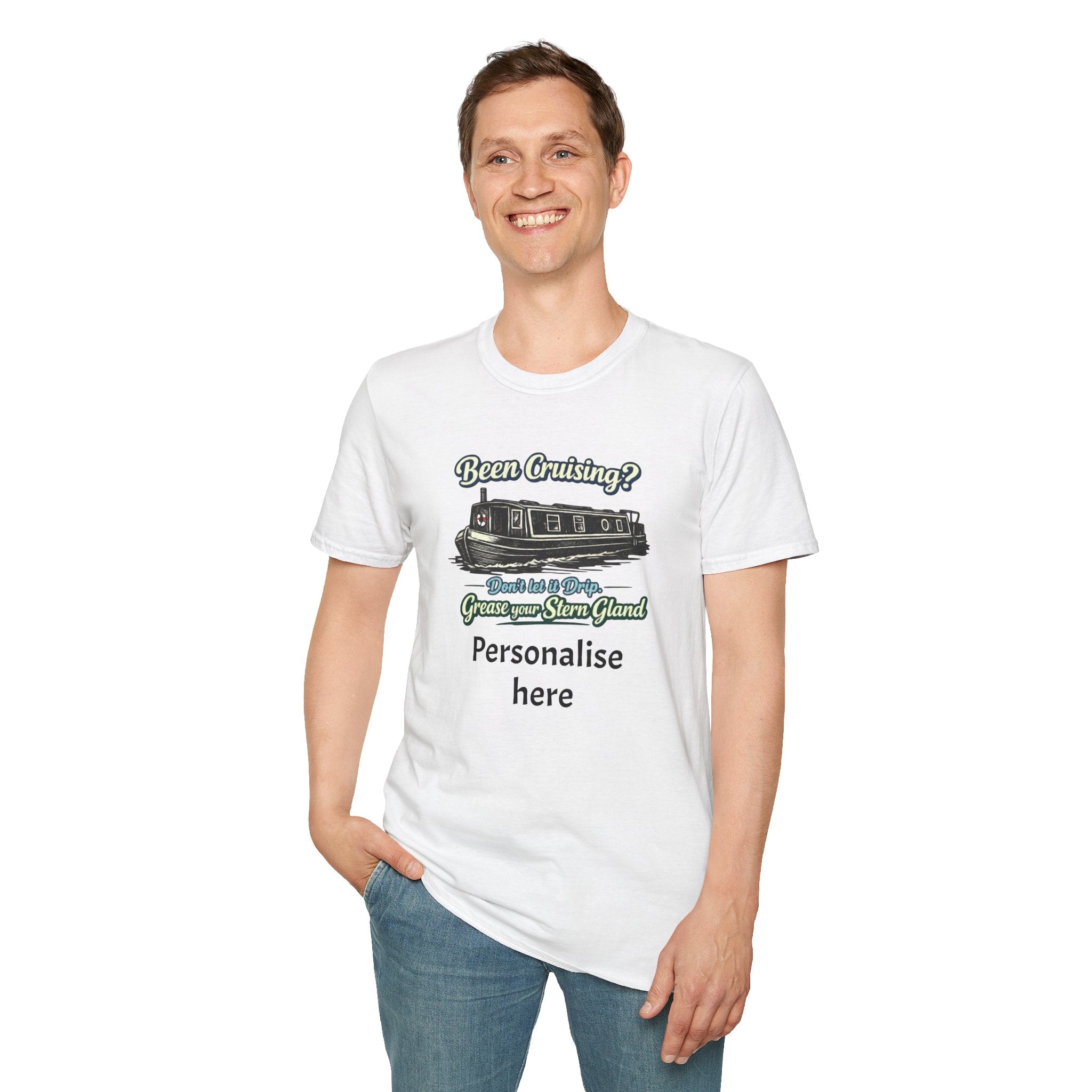 Personalised Canal Boating T-Shirt – “Grease Your Stern Gland” Funny Narrowboat Tee Printify