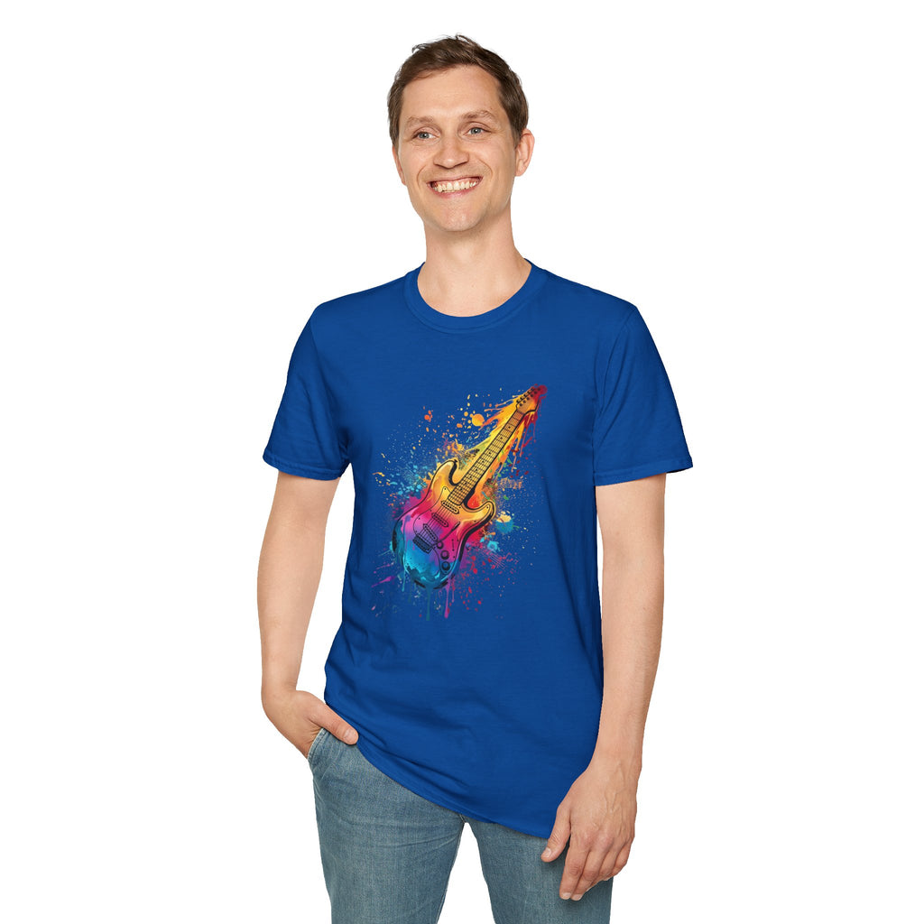 Person wearing a blue t-shirt with a colorful guitar graphic on a white background
