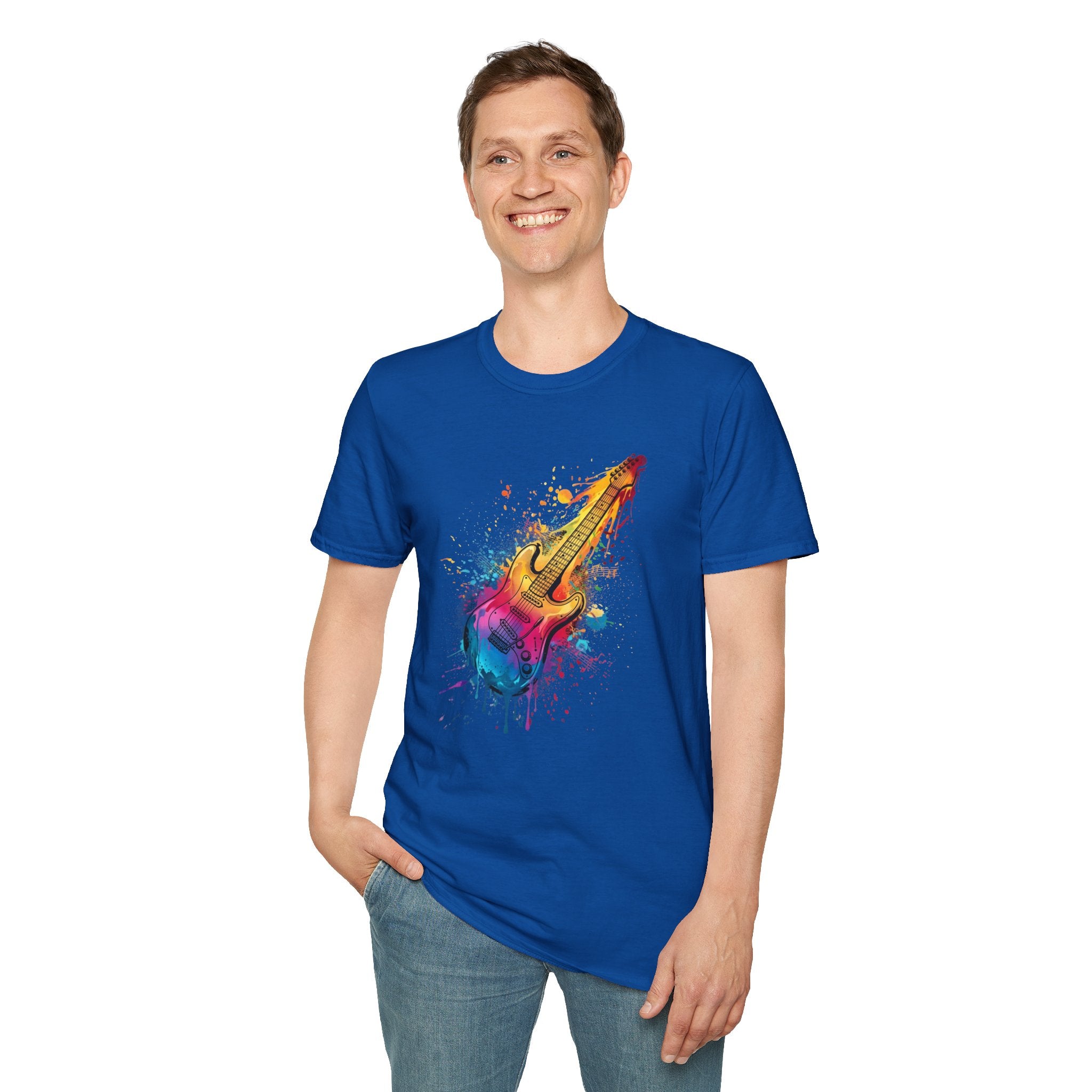 Person wearing a blue t-shirt with a colorful guitar graphic on a white background