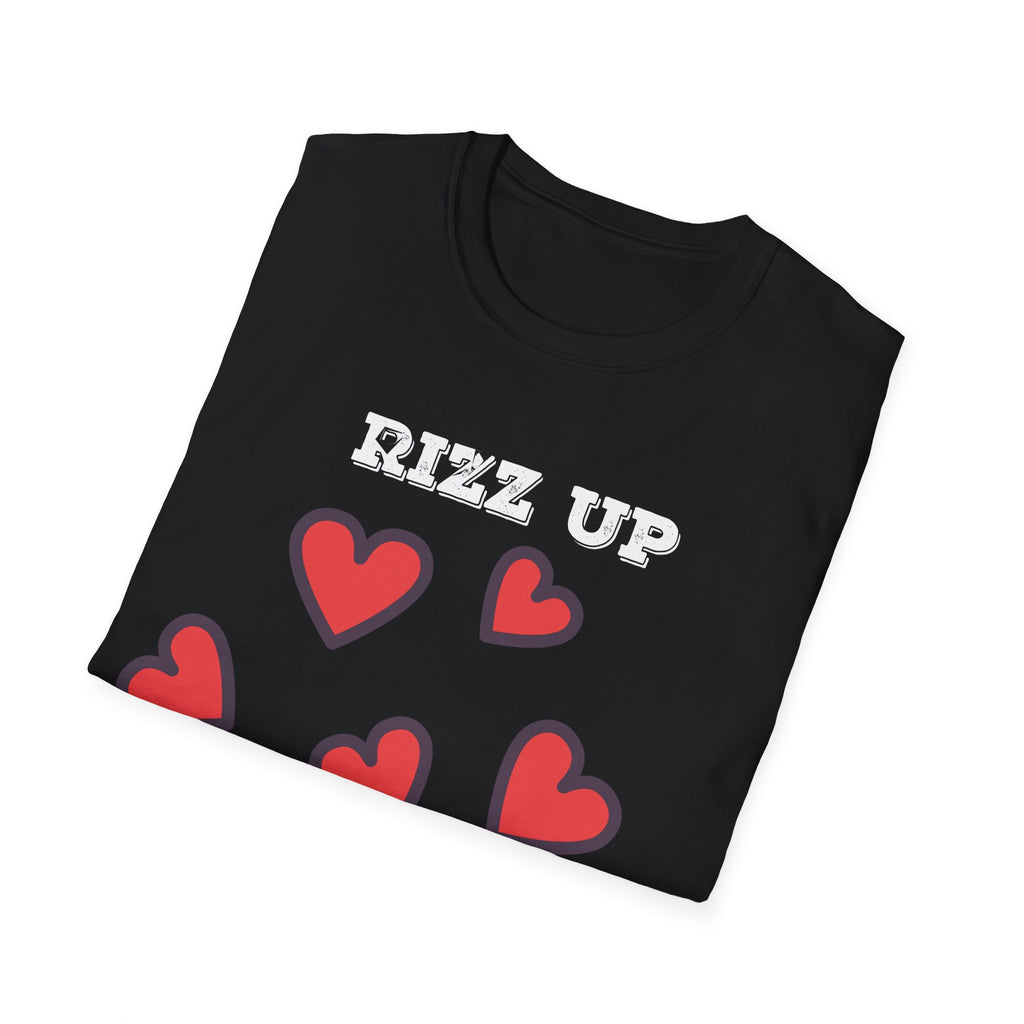 Black t-shirt with 'RIZZ UP' text and red hearts on a white background