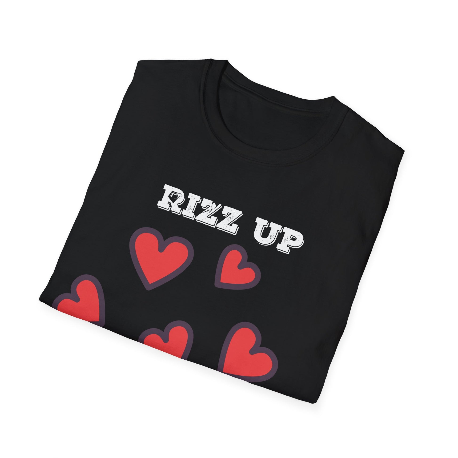 Black t-shirt with 'RIZZ UP' text and red hearts on a white background