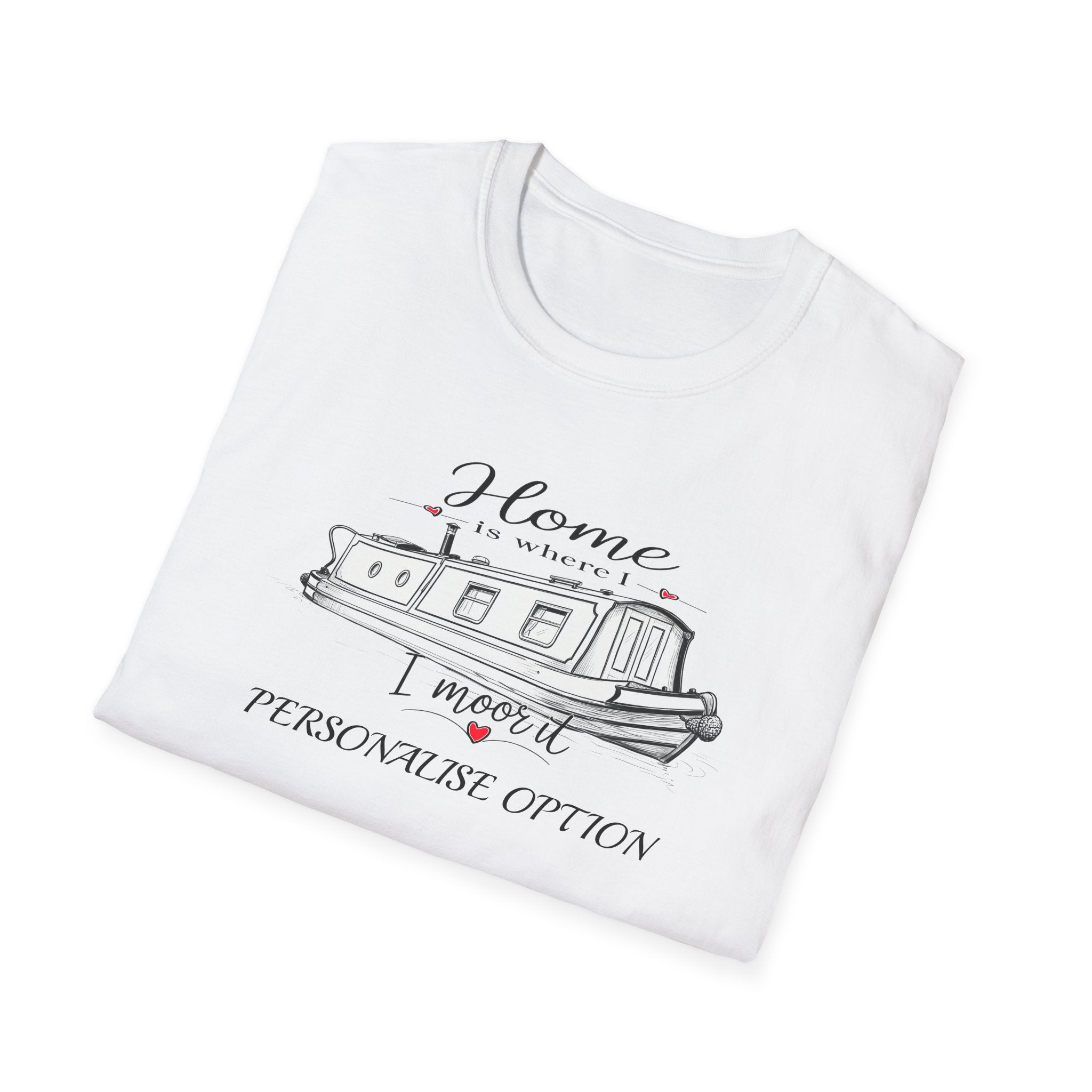Canal Narrowboat "Home Is Where I Moor It" Unisex T Shirt Printify