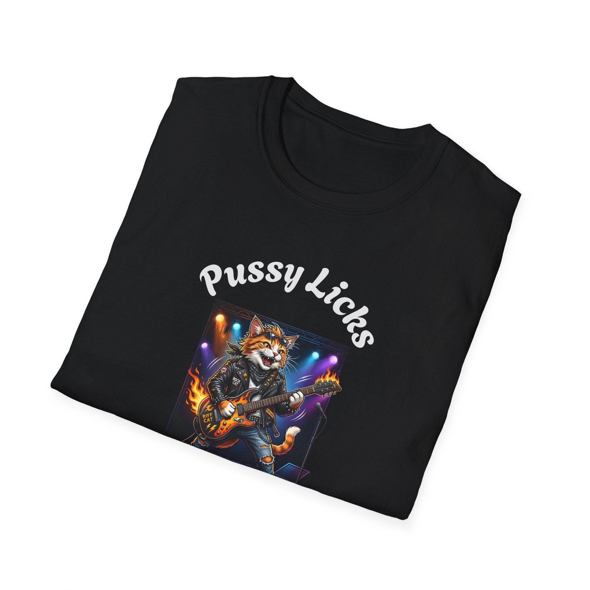 T-Shirt — "Pussy Licks" Rock Cat Guitarist Graphic Tee Printify