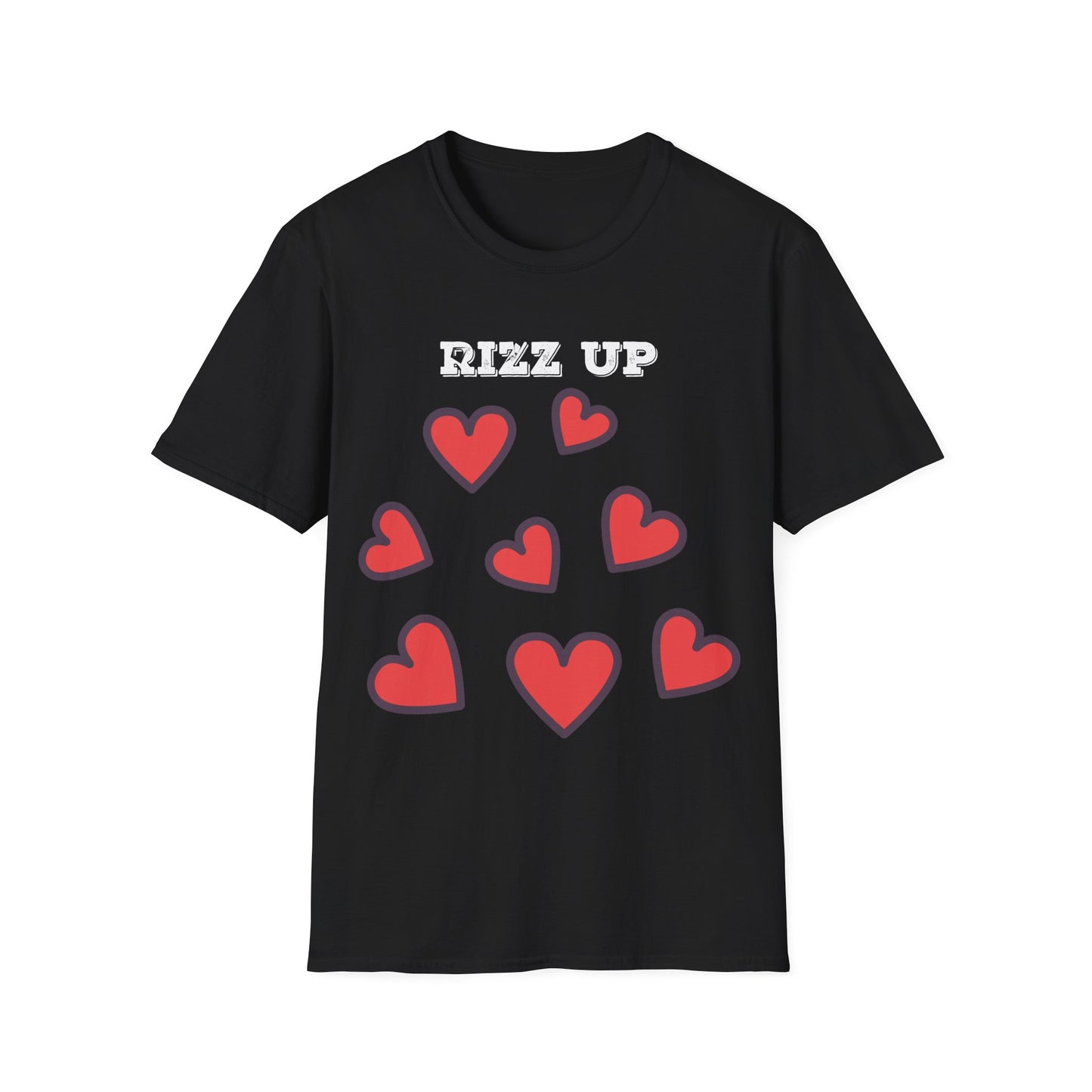 Black t-shirt with red hearts and 'Rizz Up' text on a white background