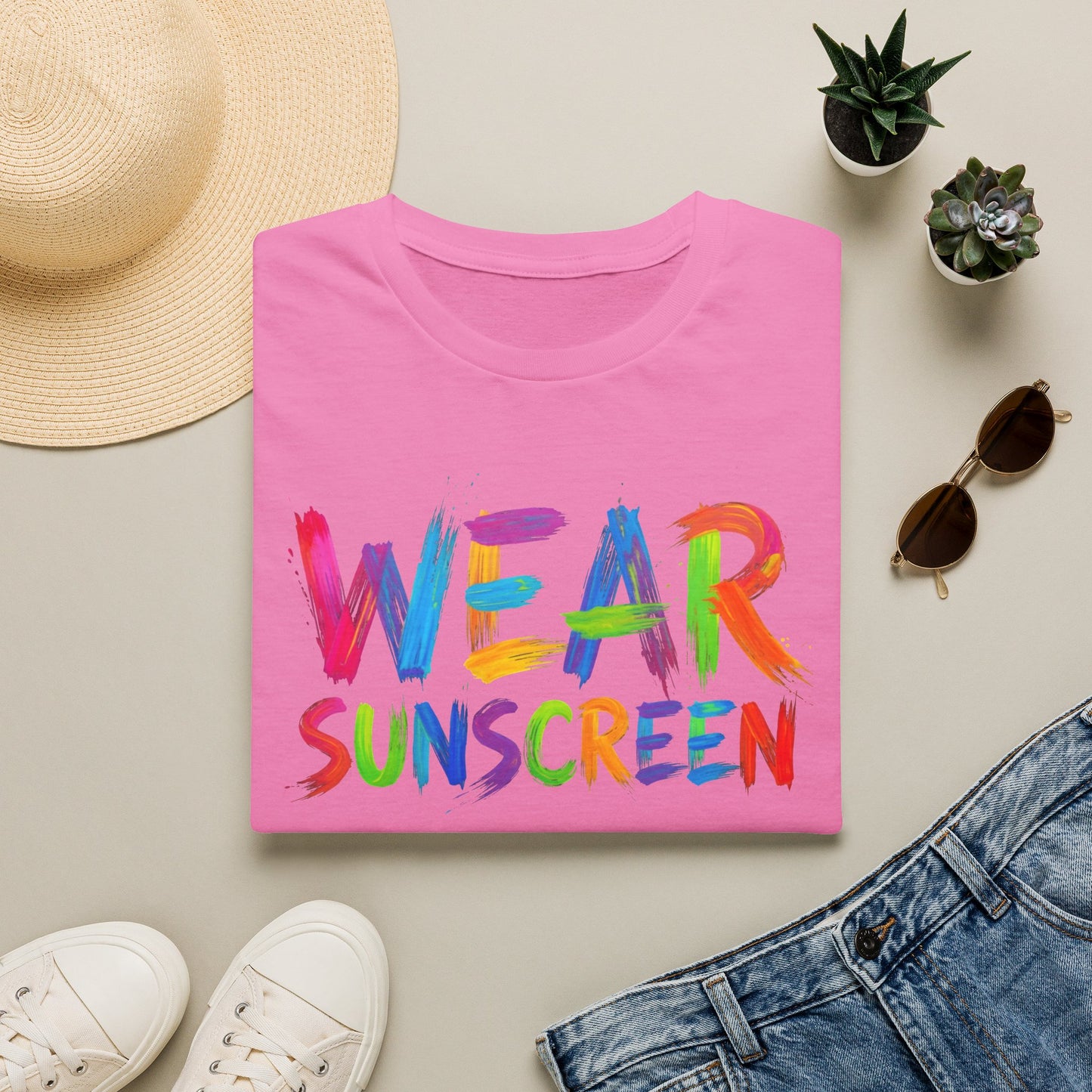 Wear Sunscreen T-Shirt — Colorful Brushstroke Sun Safety Tee Printify