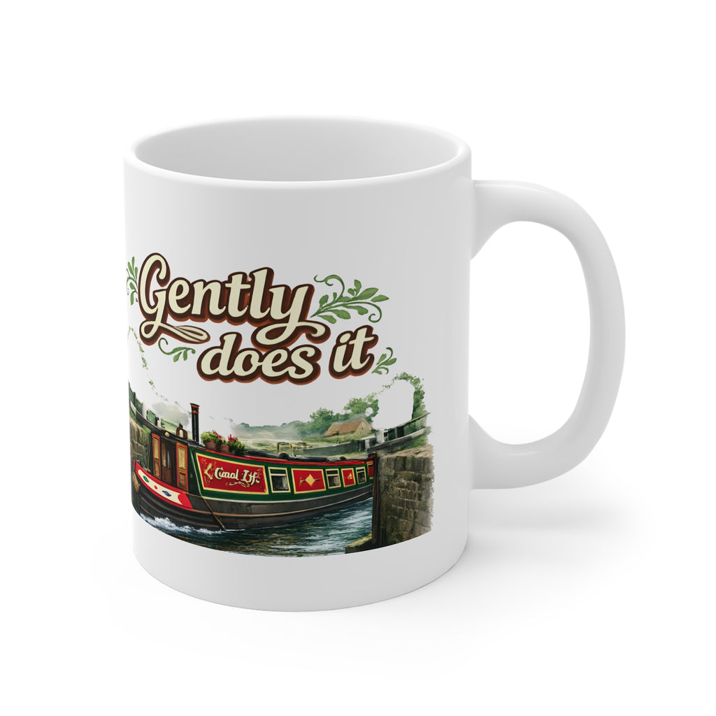 Gently Does It Canal Boat Mug — Scenic Narrowboat Tea Coffee Cup Printify