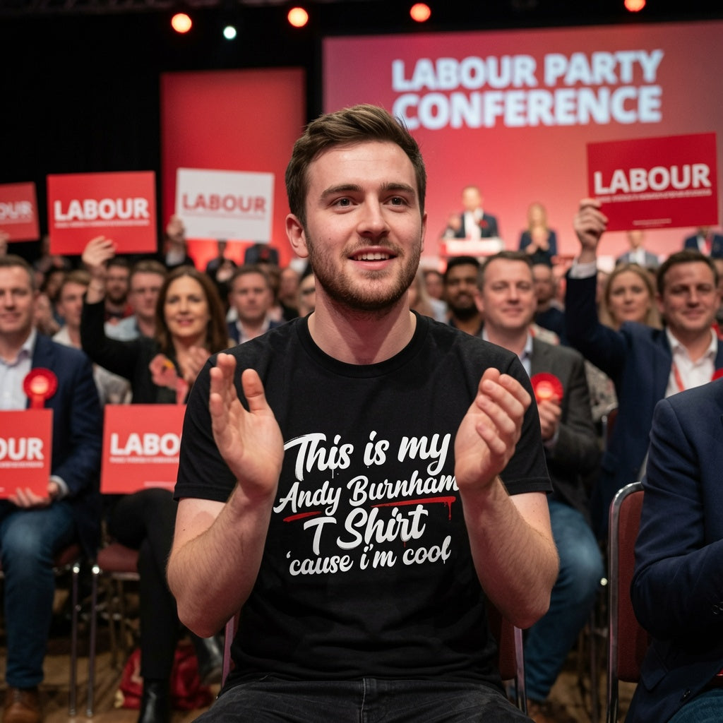 A man in a black graphic T-shirt   text reading “This is my Andy Burnham T-Shirt ’cause i’m cool” – political satire design at Labour Party Conference stage background with people holding red Labour signs.