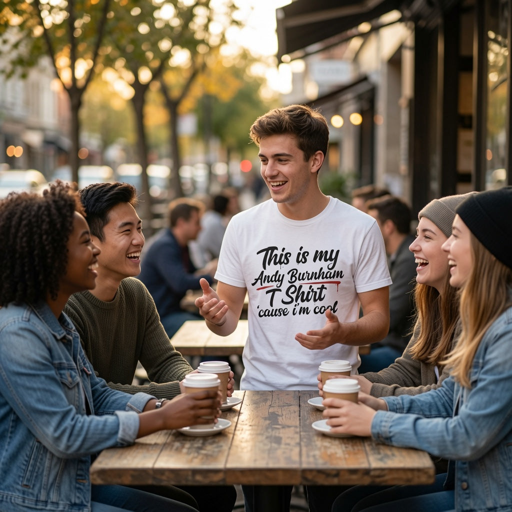 A young man standing at an outdoor café table wearing a white graphic t-shirt that reads 'This is my Andy Burnham T-Shirt cause i'm cool', surrounded by four laughing friends holding coffee cups.